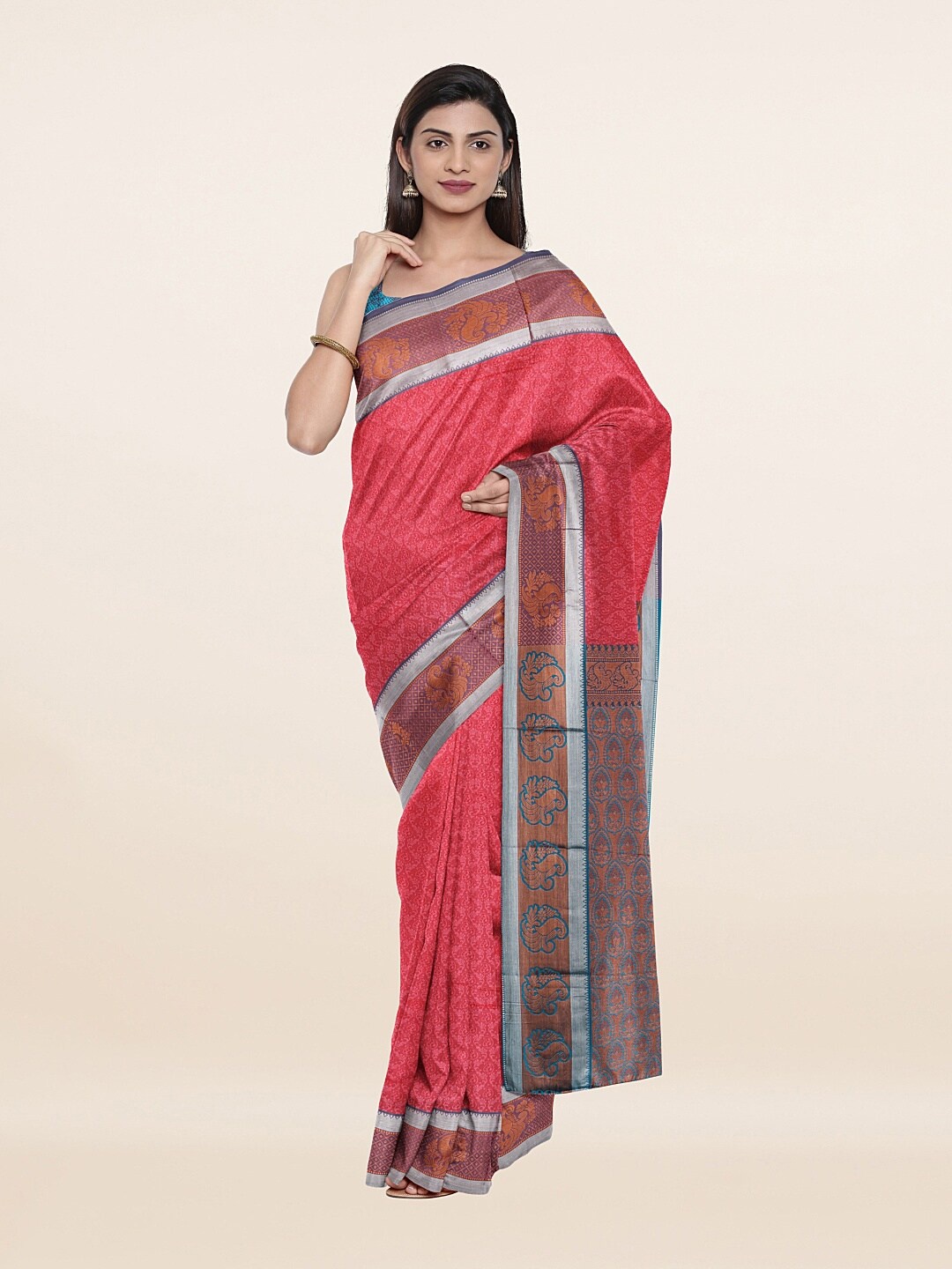

Pothys Women Pink & Blue Floral Zari Art Silk Saree