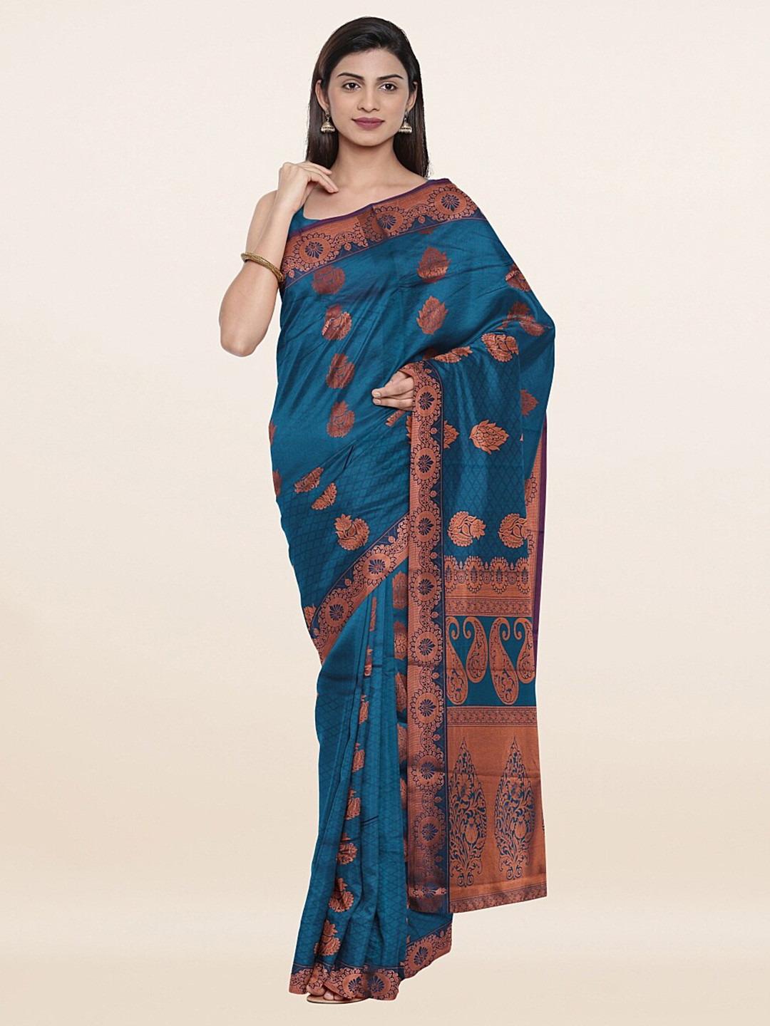 

Pothys Blue & Copper-Toned Woven Design Zari Art Silk Saree