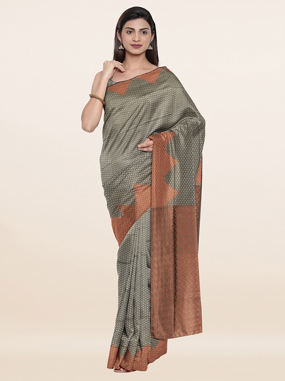 

Pothys Grey & Copper-Toned Floral Zari Art Silk Saree