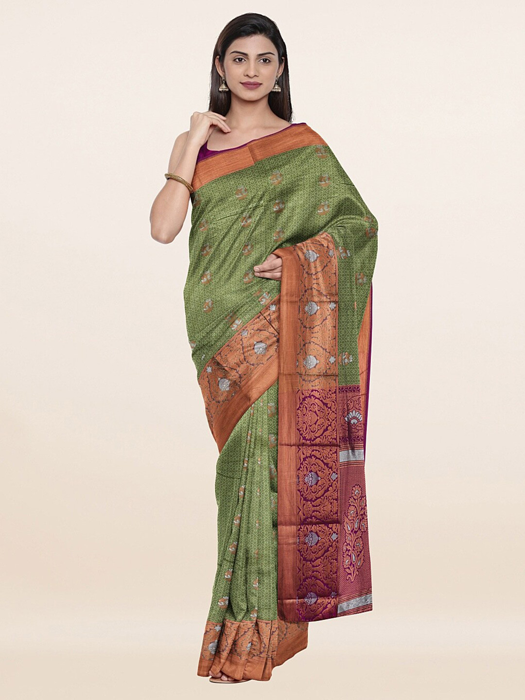 

Pothys Green & Gold-Toned Woven Design Zari Art Silk Saree