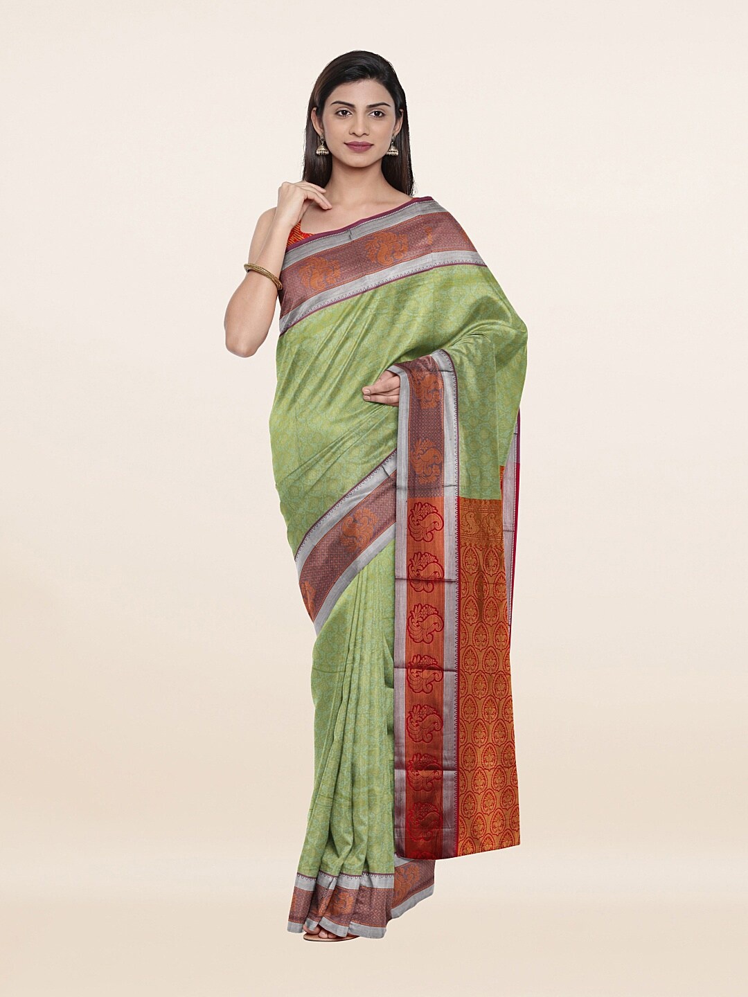 

Pothys Green & Silver-Toned Woven Design Zari Art Silk Saree