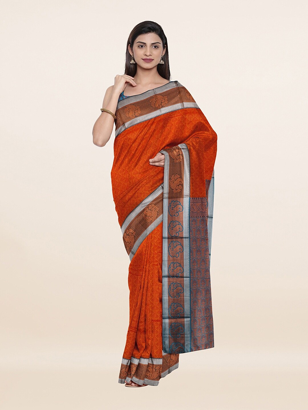 

Pothys Orange & Navy Blue Woven Design Zari Art Silk Saree