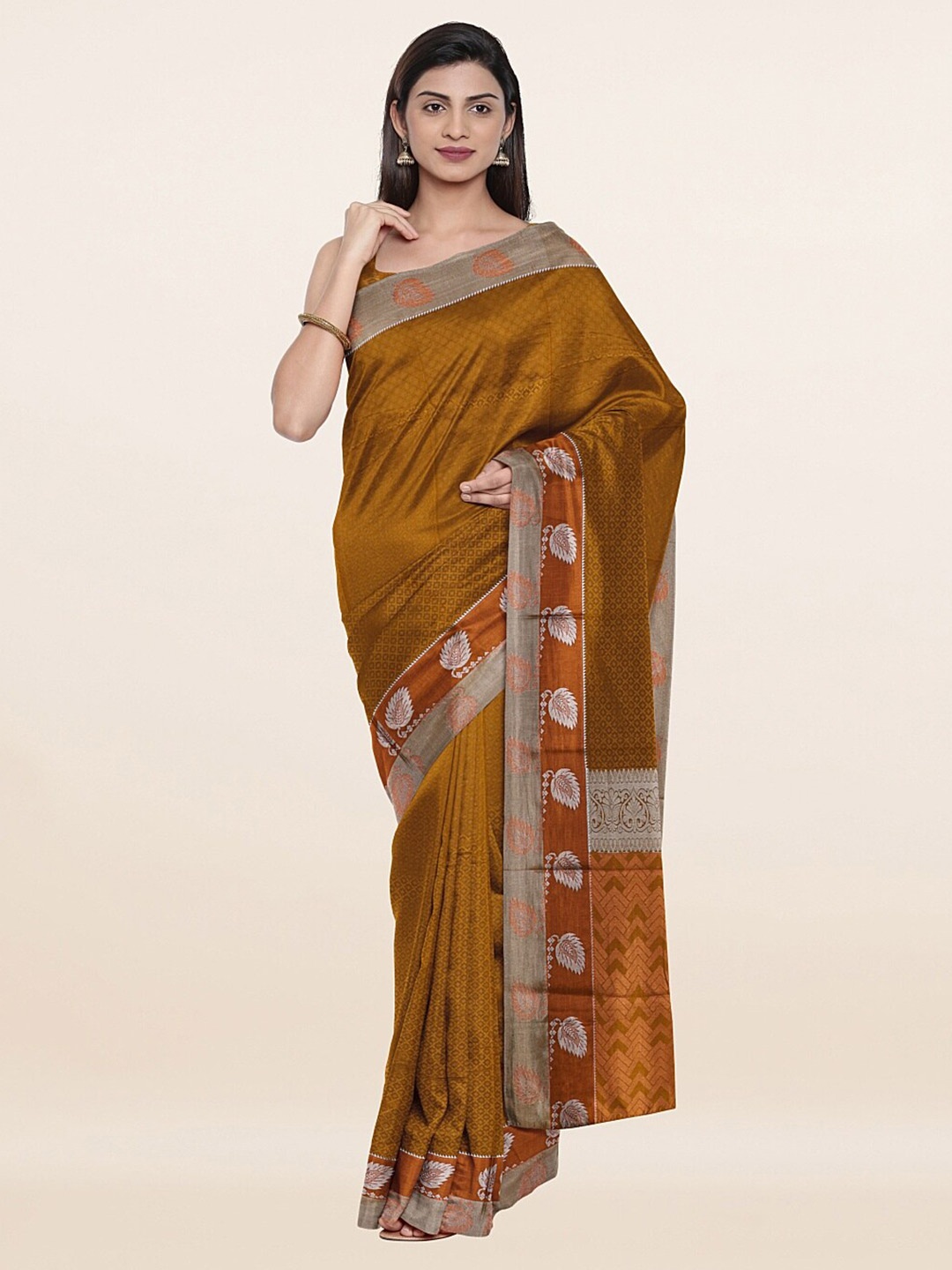 

Pothys Mustard & Silver-Toned Floral Zari Art Silk Saree