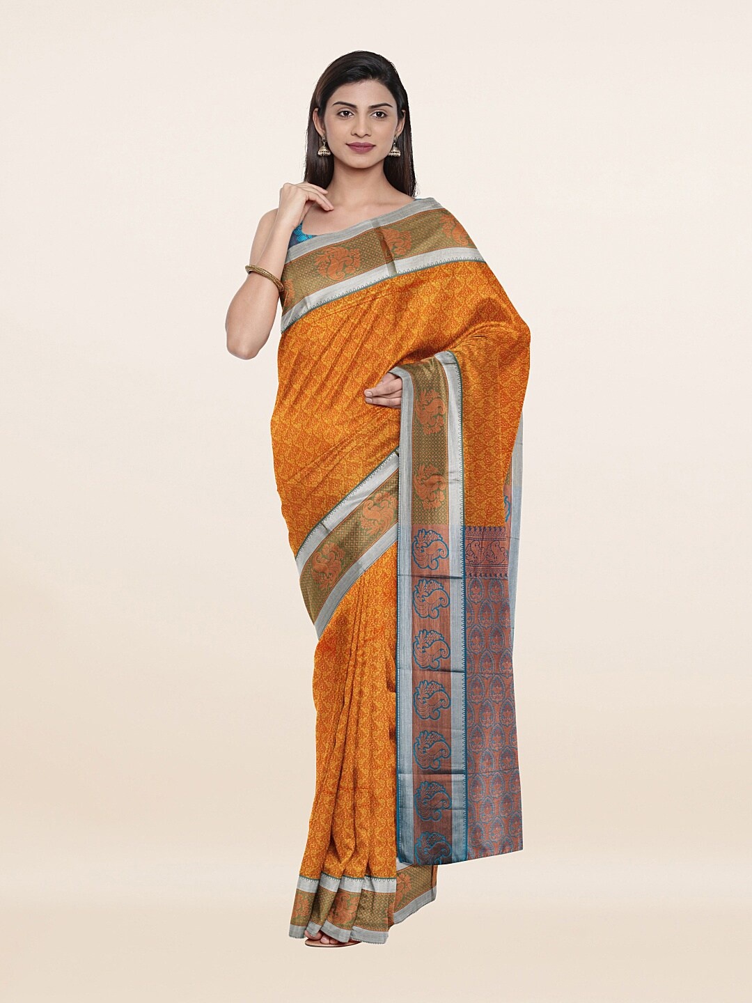 

Pothys Mustard & Blue Ethnic Motifs Zari Art Silk Saree