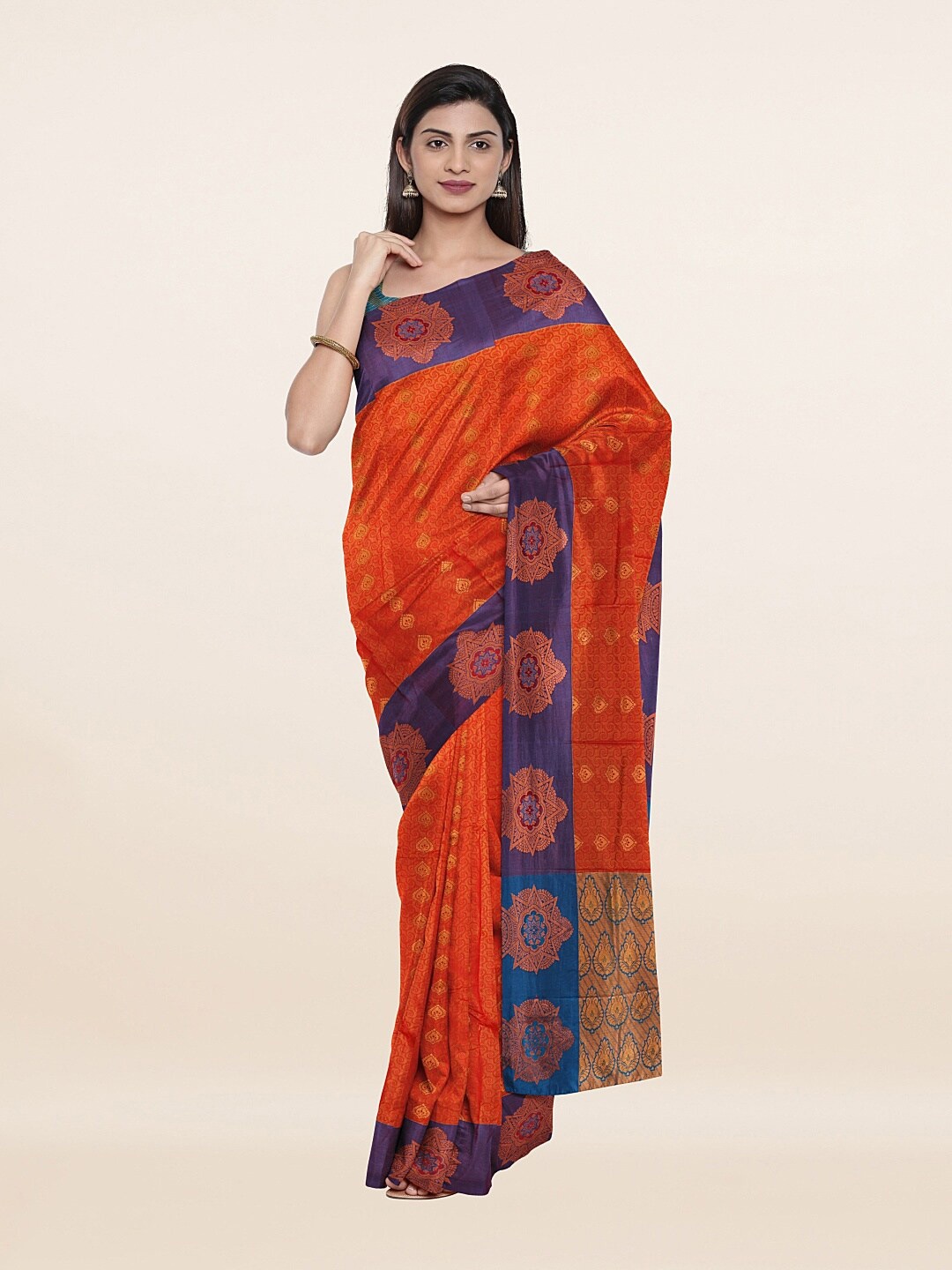 

Pothys Orange & Blue Ethnic Motifs Zari Art Silk Saree