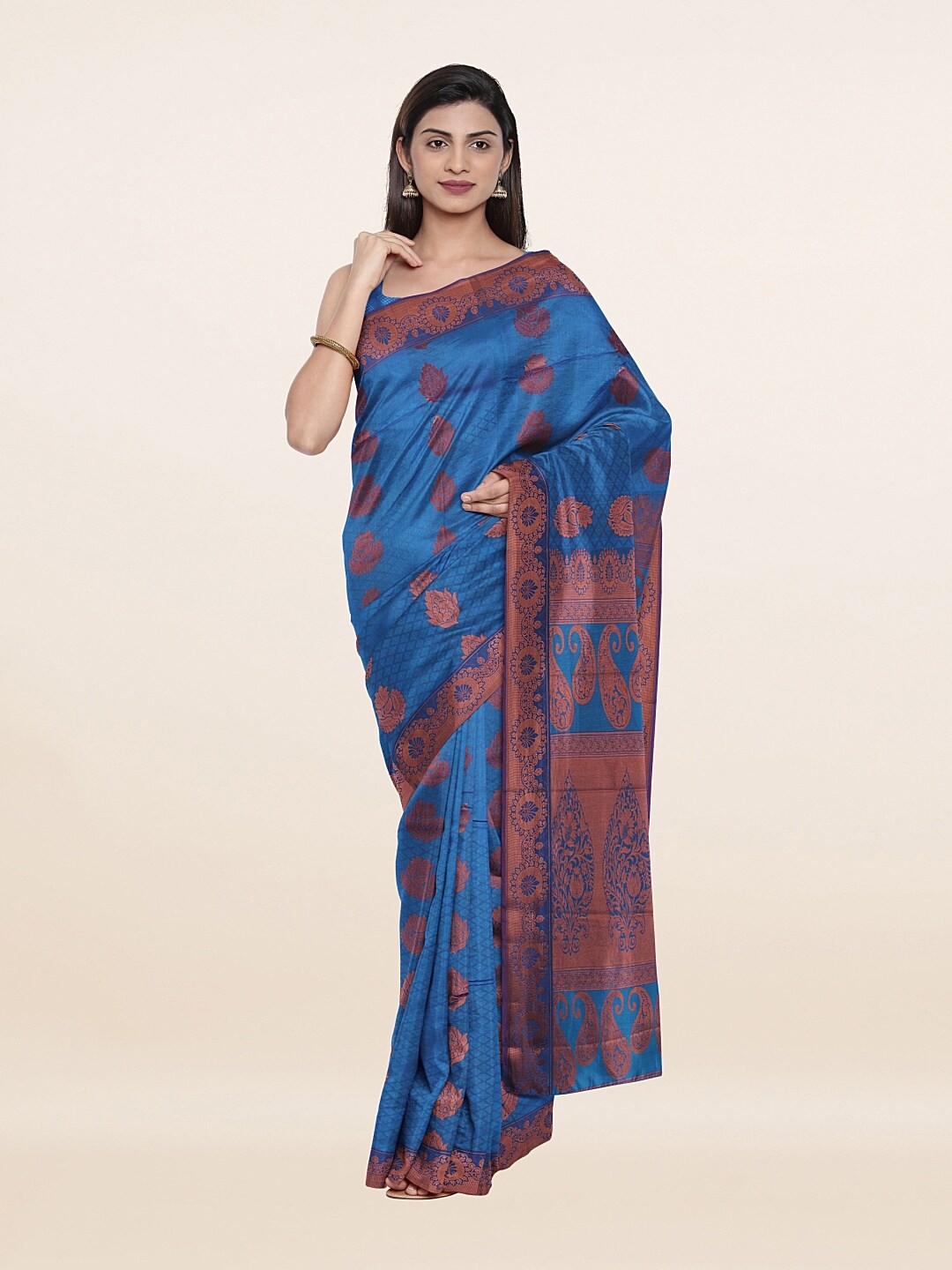 

Pothys Blue & Copper-Toned Woven Design Zari Art Silk Saree