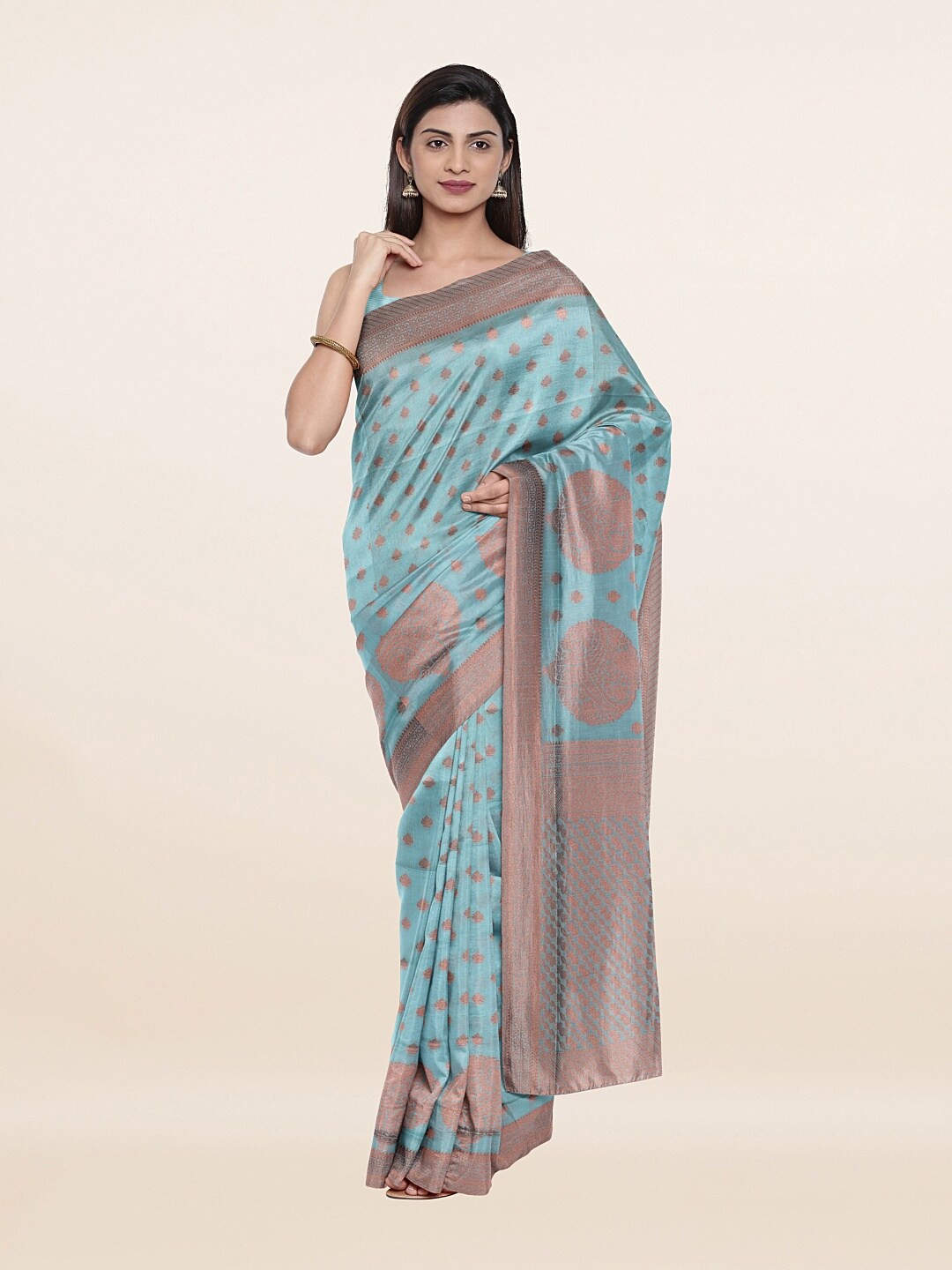 

Pothys Blue & Peach-Coloured Woven Design Zari Art Silk Saree