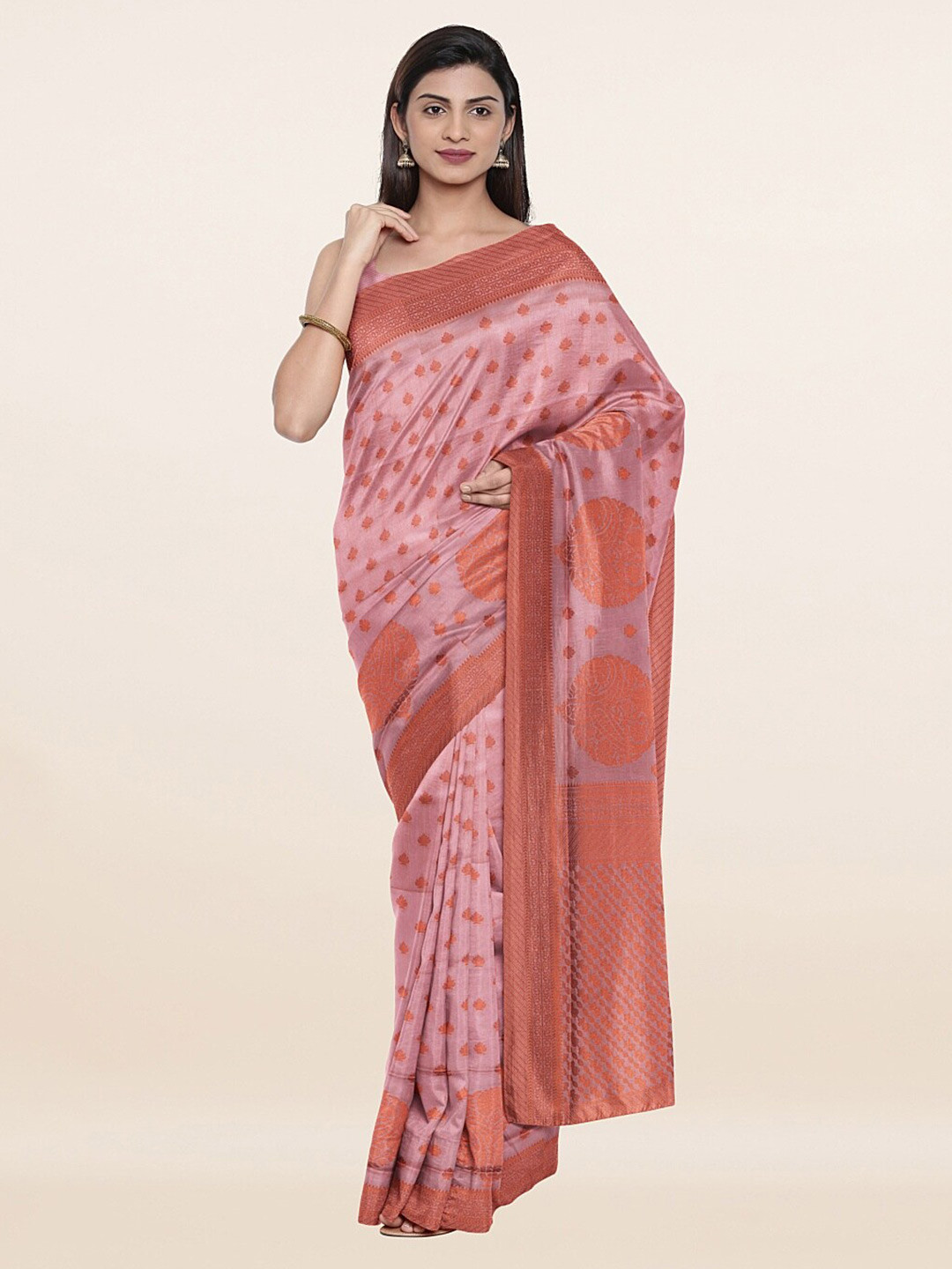 

Pothys Pink & Orange Floral Zari Art Silk Saree