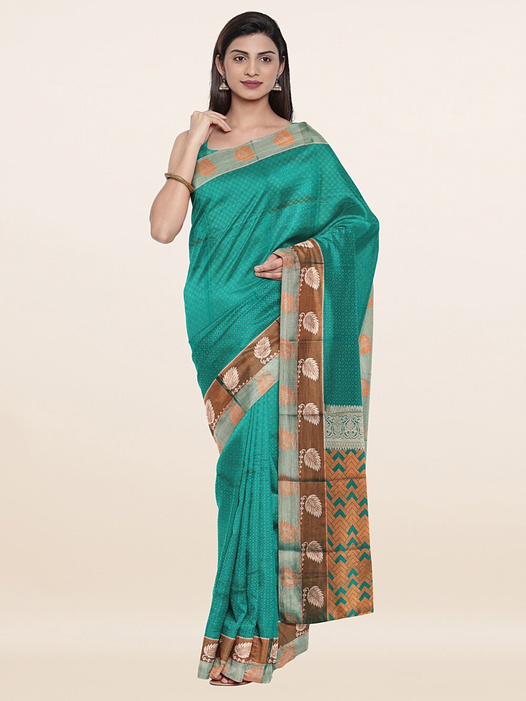 

Pothys Women Green & Gold-Toned Woven Design Zari Art Silk Saree