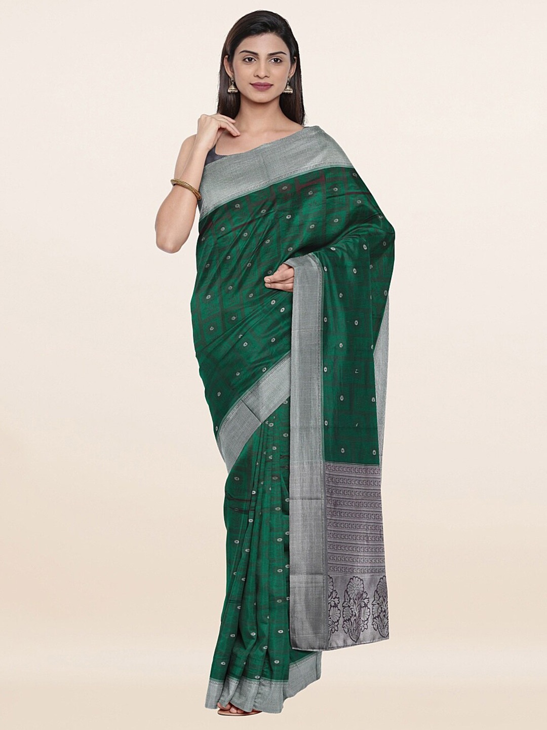 

Pothys Green & Silver-Toned Floral Zari Art Silk Saree