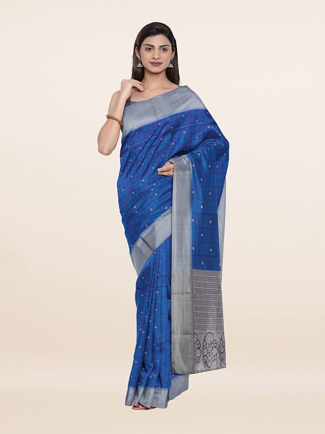 

Pothys Blue & Silver-Toned Zari Woven Design Art Silk Saree
