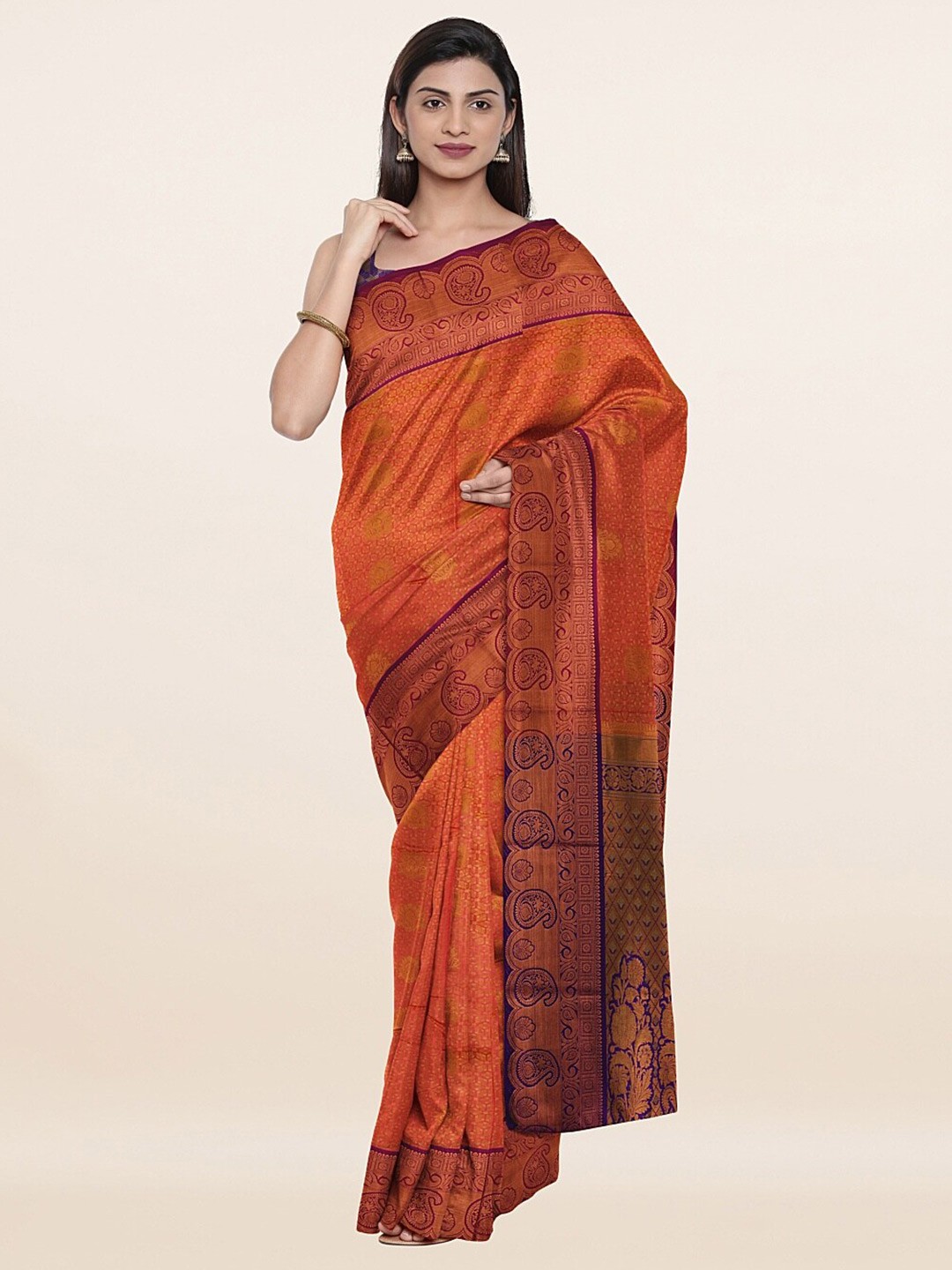 

Pothys Orange & Purple Ethnic Motifs Zari Art Silk Saree