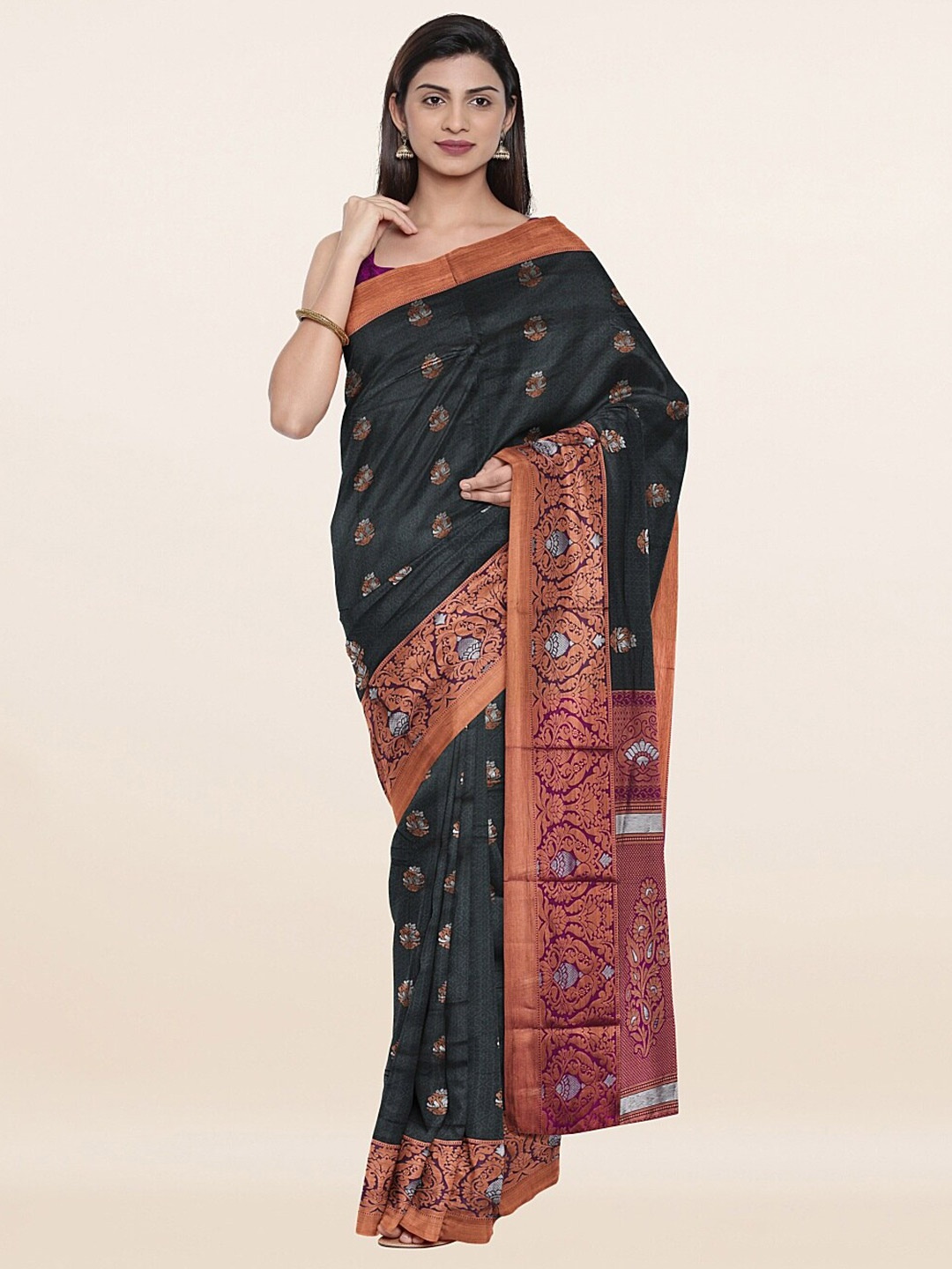 

Pothys Women Grey & Copper-Toned Ethnic Motifs Zari Art Silk Saree