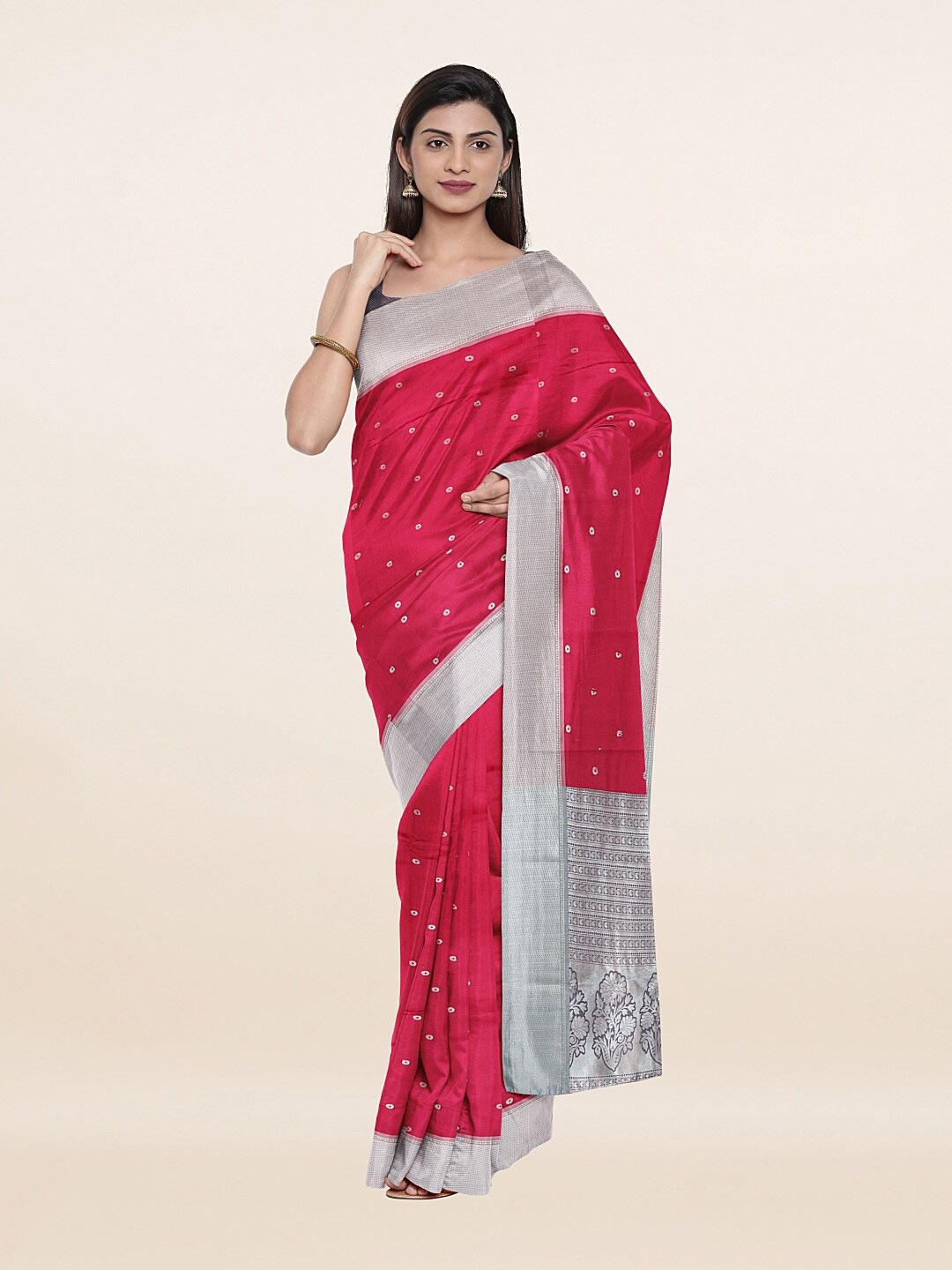 

Pothys Pink & Silver-Toned Zari Art Silk Saree