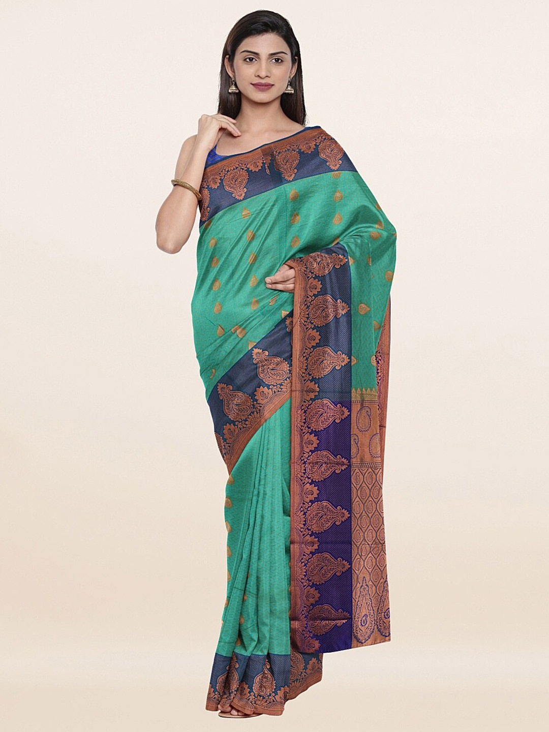 

Pothys Sea Green & Navy Blue Ethnic Motifs Zari Art Silk Saree