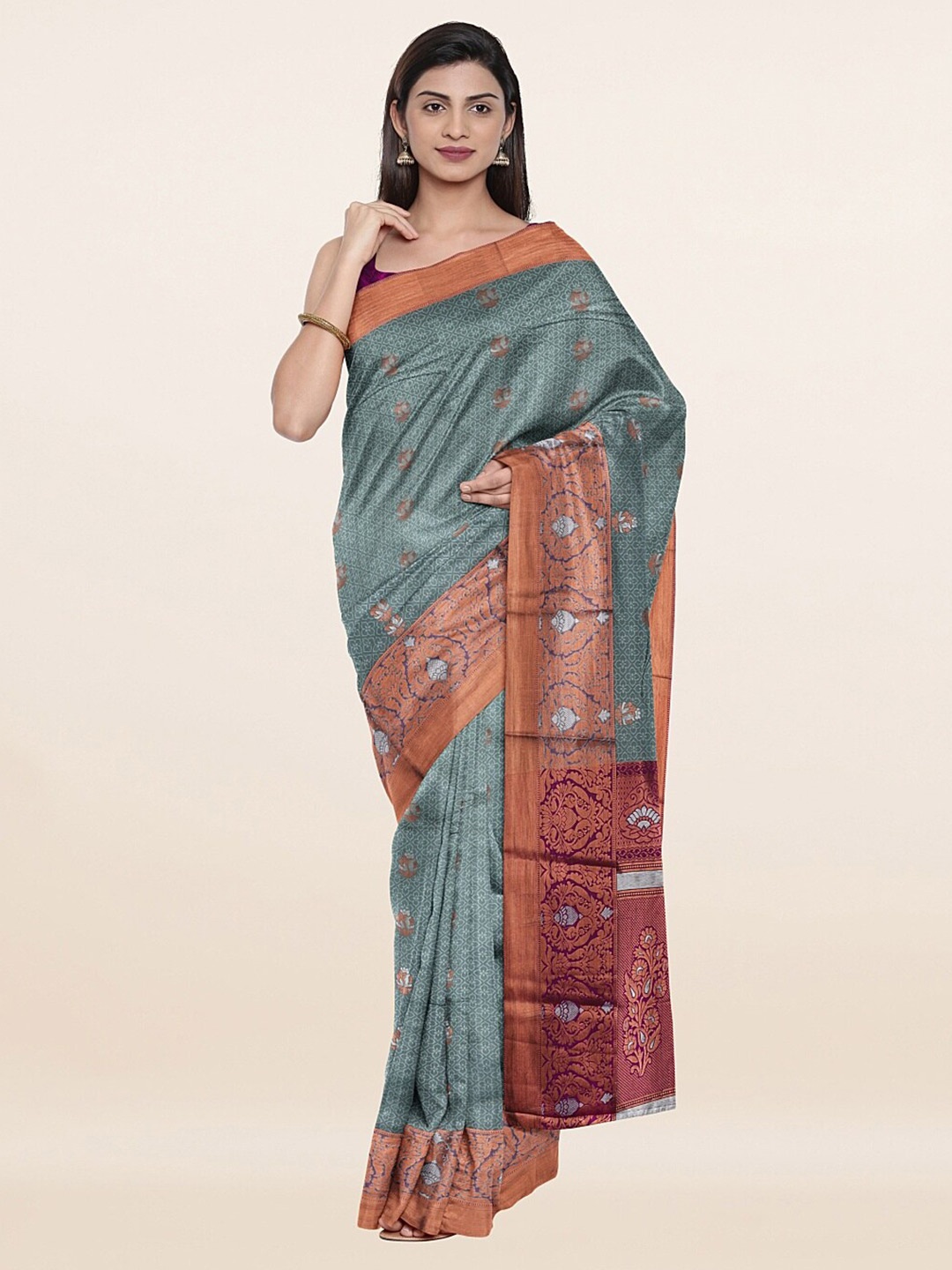 

Pothys Women Grey & Gold-Toned Woven Design Zari Art Silk Saree