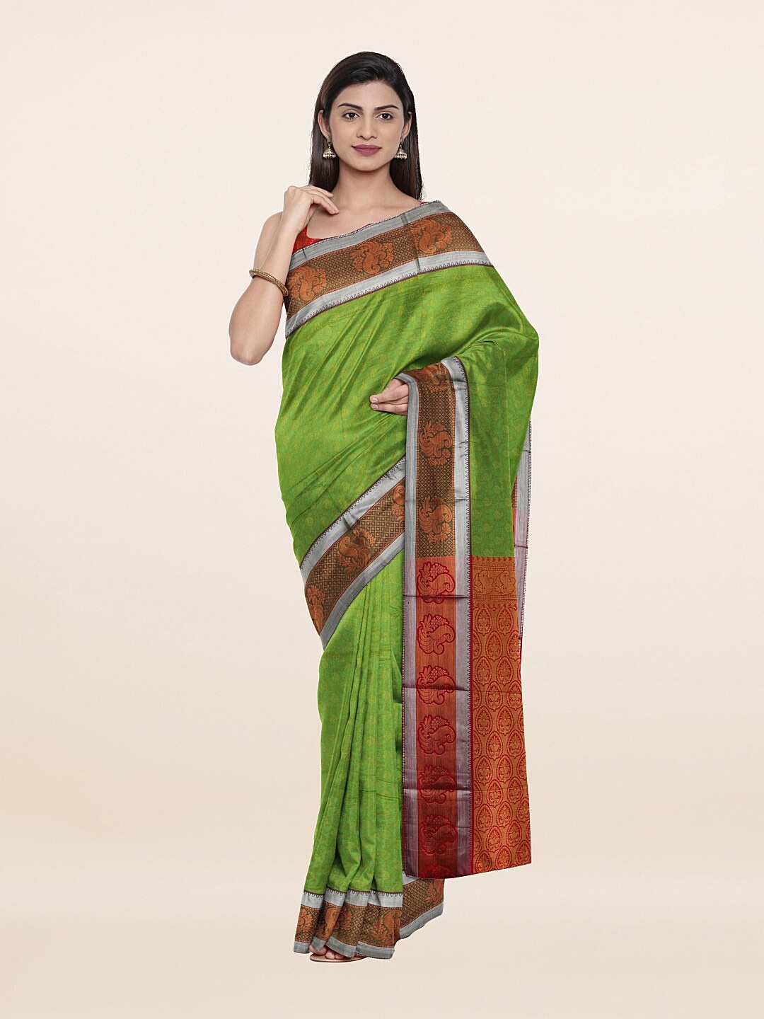 

Pothys Green & Orange Ethnic Motifs Zari Art Silk Saree