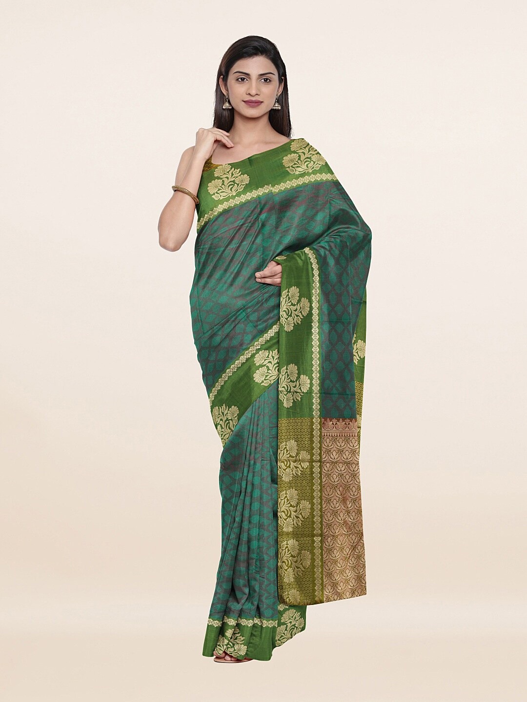 

Pothys Green & Gold-Toned Floral Zari Art Silk Saree