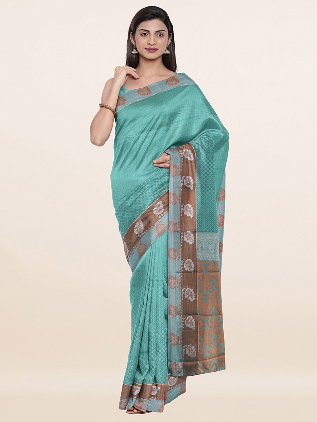 

Pothys Blue & Silver-Toned Floral Zari Art Silk Saree