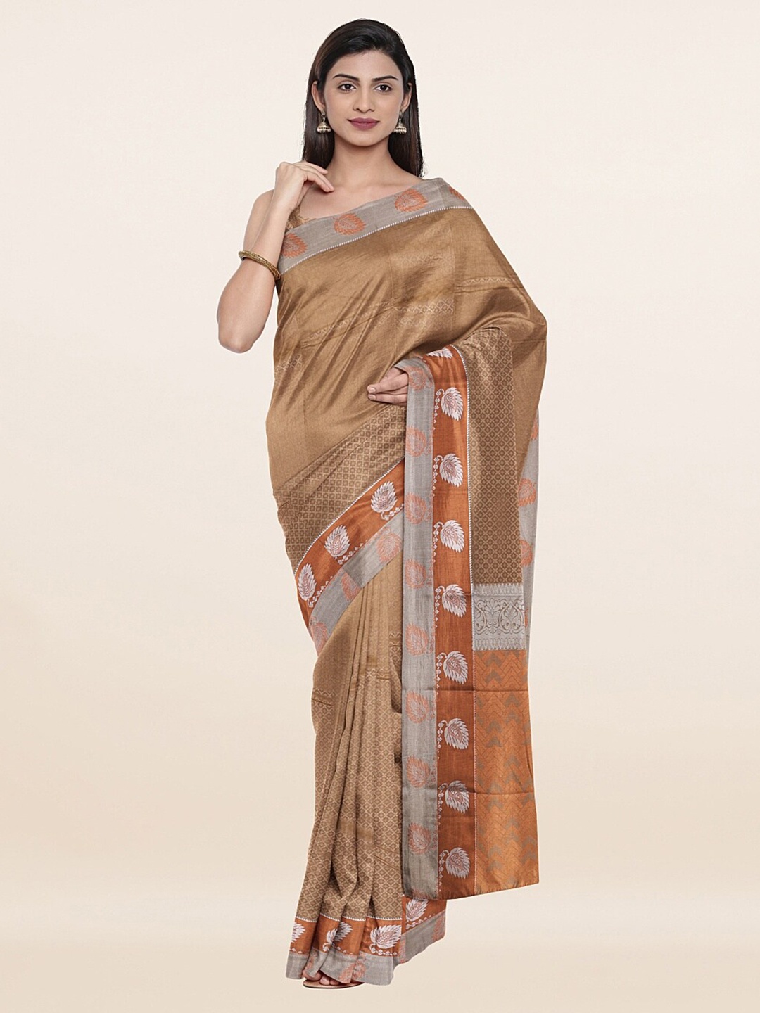 

Pothys Tan Brown & Silver-Toned Floral Zari Art Silk Saree