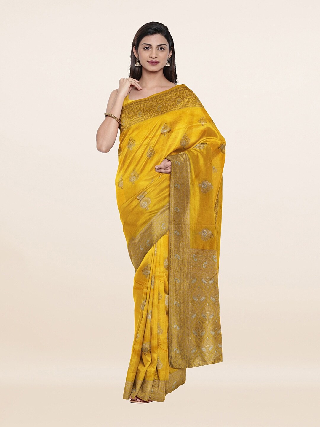 

Pothys Yellow & Silver-Toned Ethnic Motifs Zari Art Silk Saree