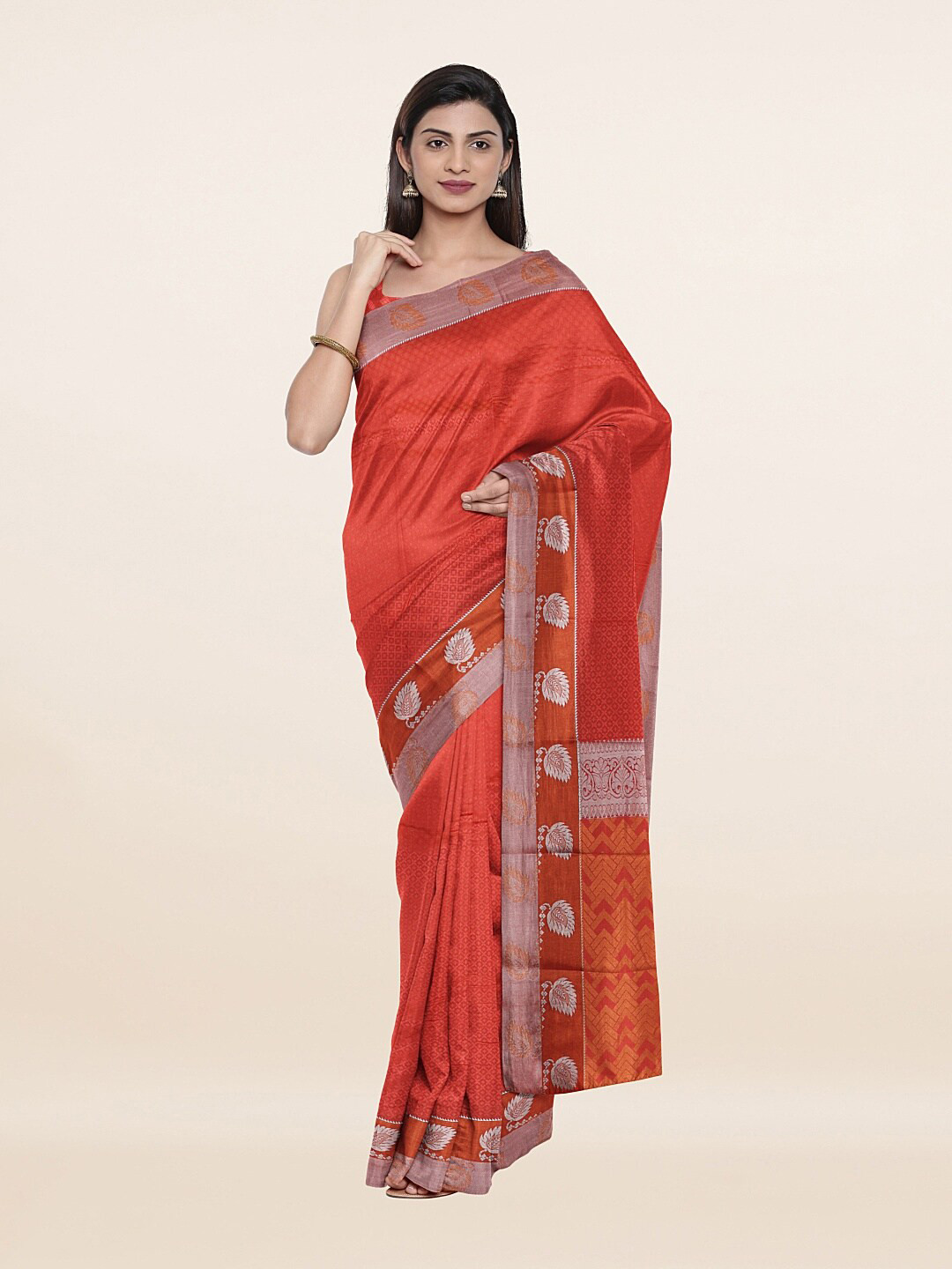

Pothys Coral & Silver-Toned Woven Design Art Silk Saree