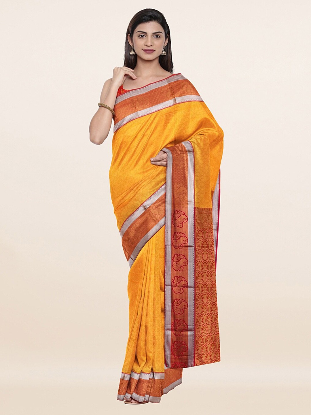 

Pothys Yellow & Maroon Ethnic Motifs Zari Art Silk Saree