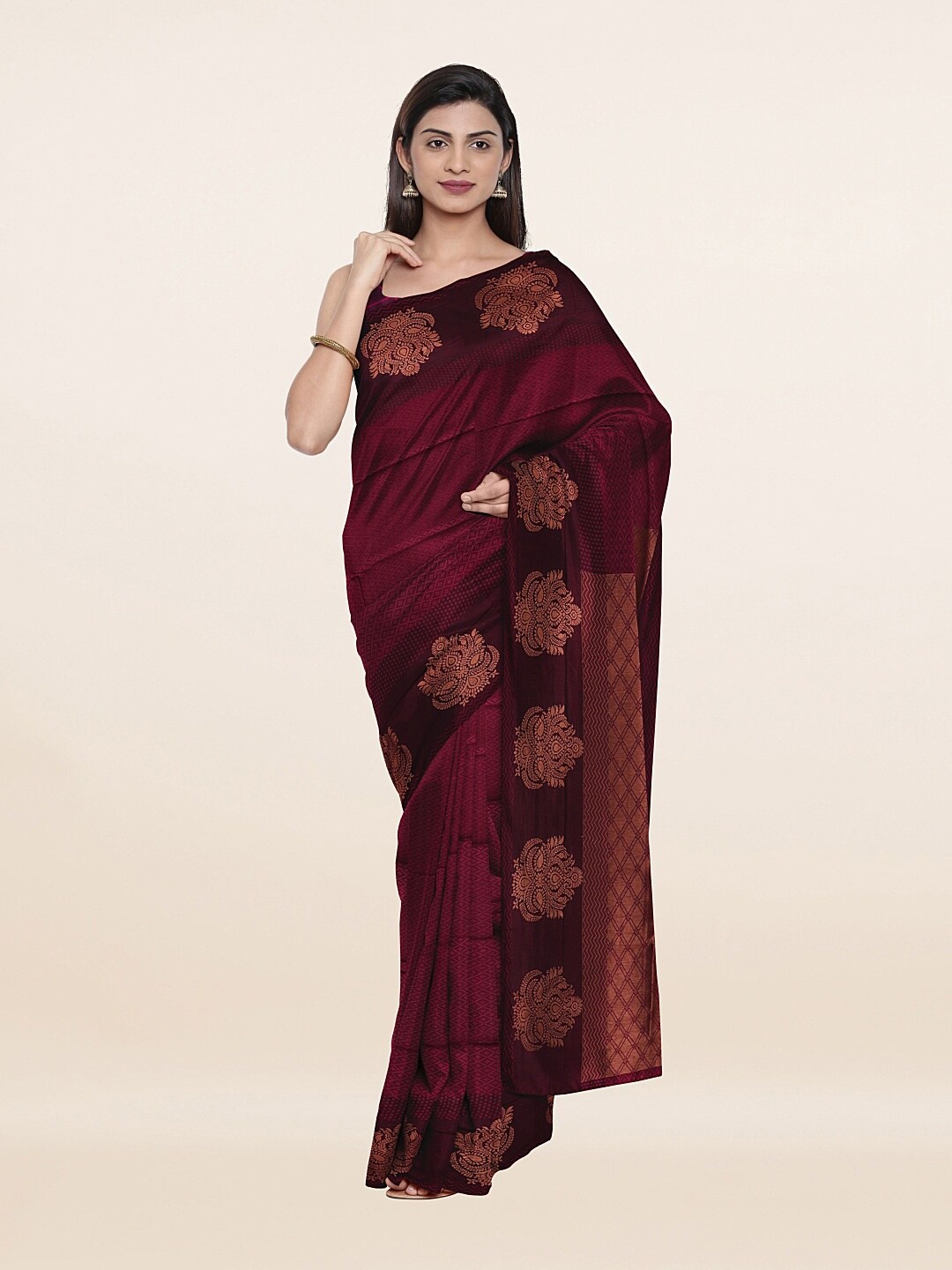 

Pothys Magenta & Maroon Ethnic Motifs Zari Art Silk Saree