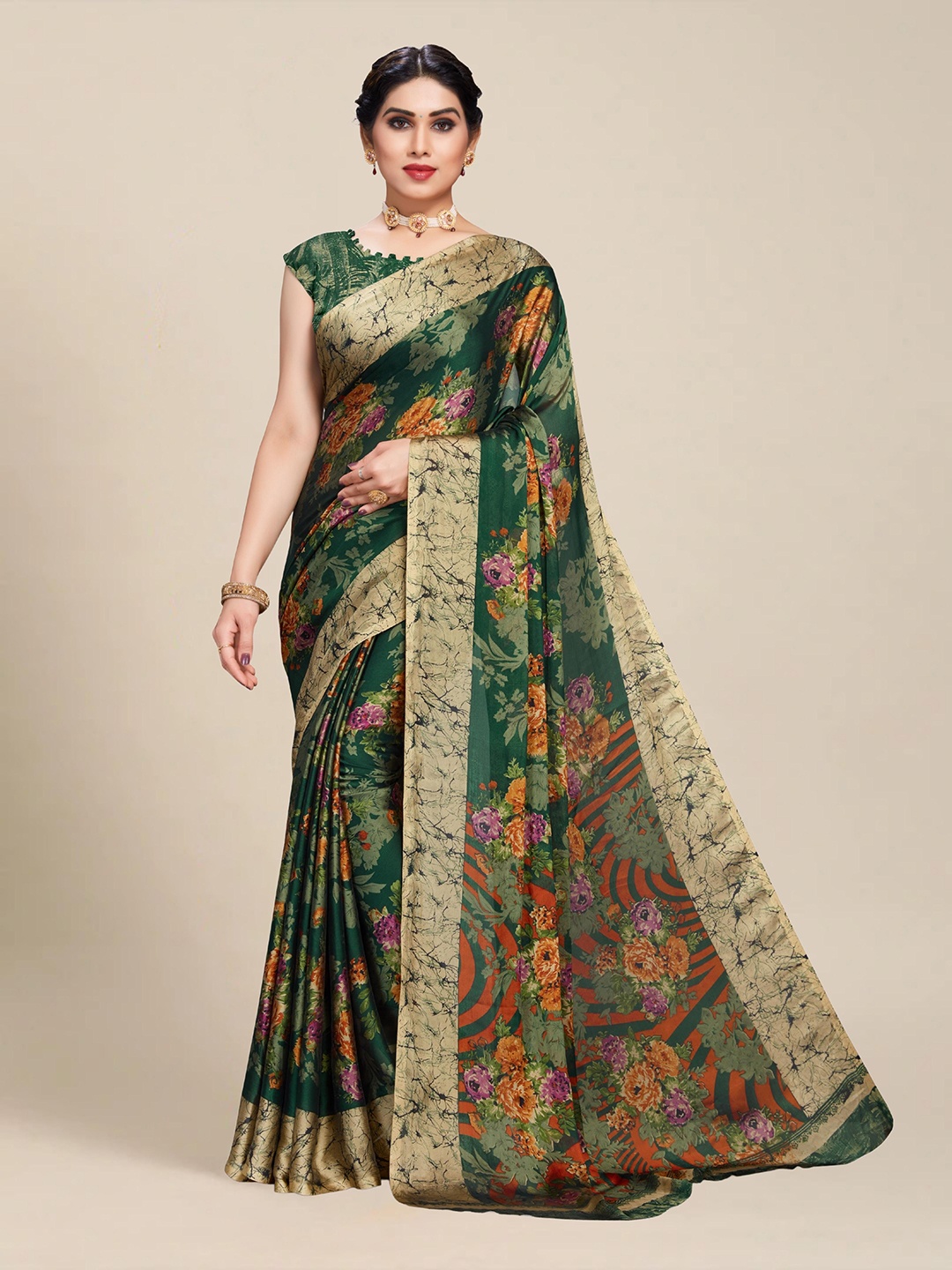 

MS RETAIL Green & Beige Floral Pure Georgette Block Print Saree