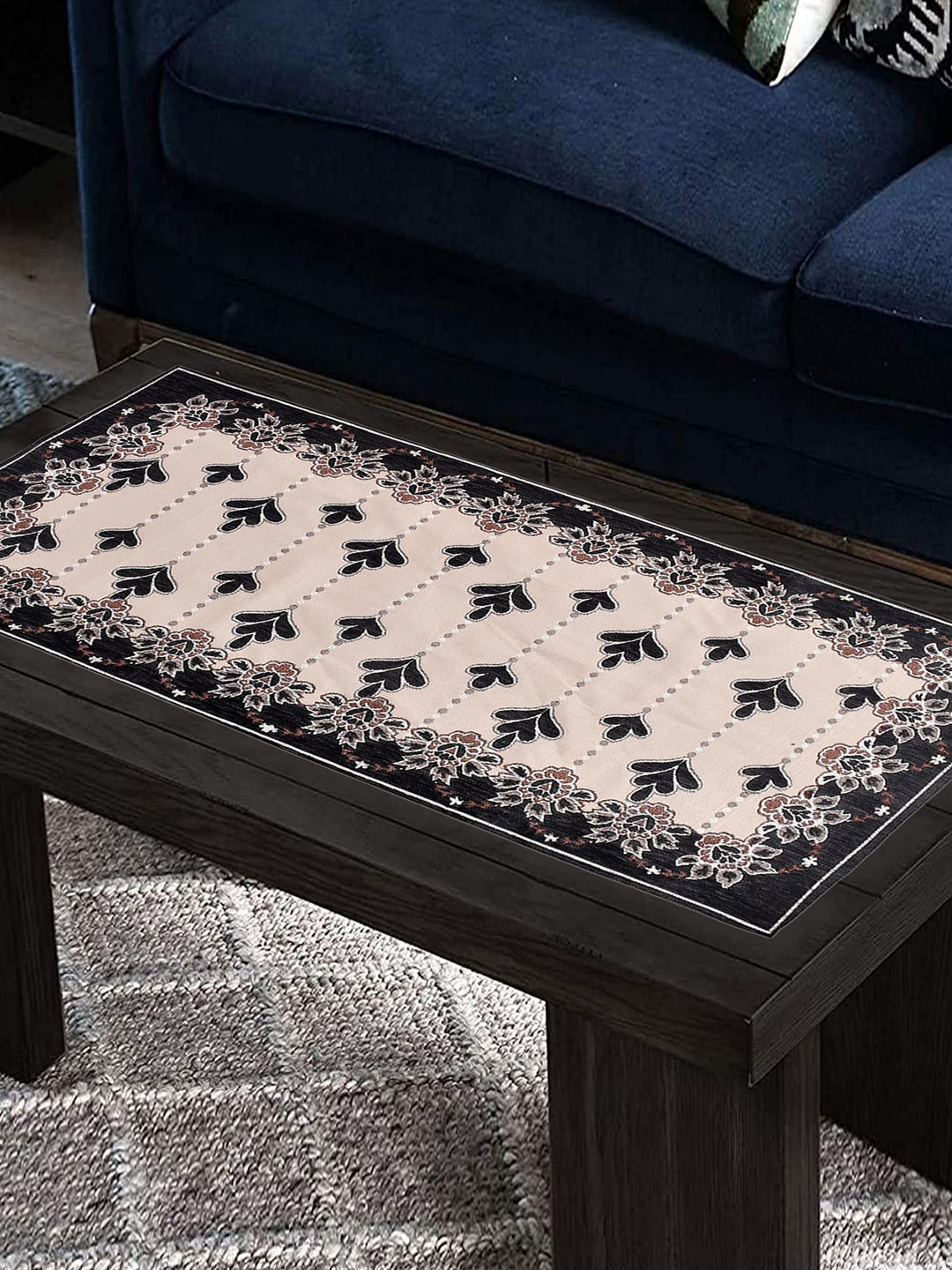 Kuber Industries Black & Beige Floral Printed Rectangular Table Runner