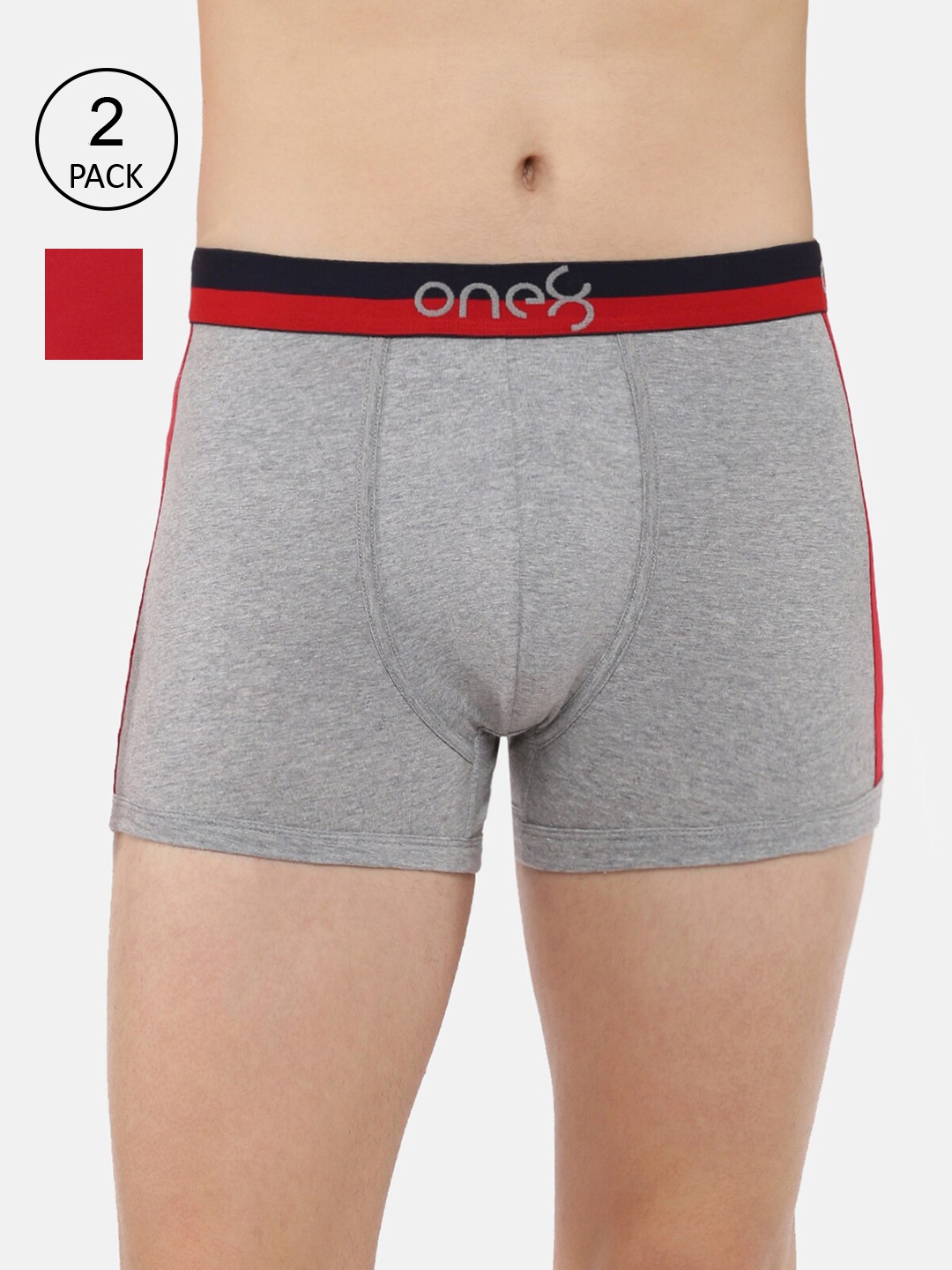 

one8 by Virat Kohli Men Pack Of 2 Grey & Red Solid Cotton Trunks ONE8_718_GR_BRD_2PC