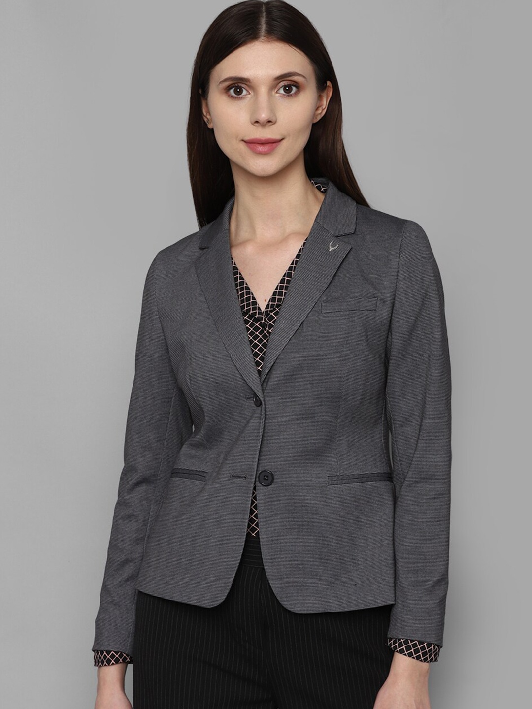

Allen Solly Women Grey Self Design Regular-Fit Single-Breasted Blazer