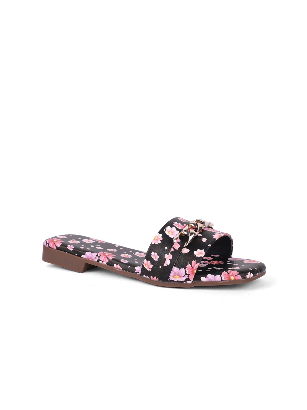 

FABBMATE Women Black Floral Printed Open Toe Flats