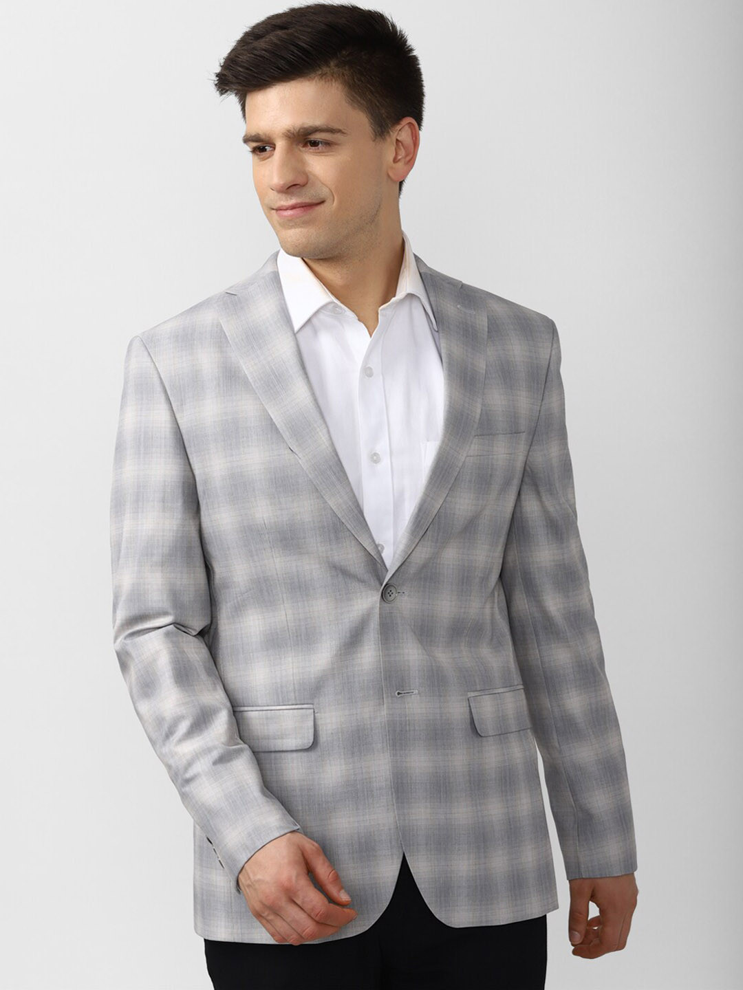 

Peter England Elite Men Grey Checked Slim-Fit Single Breasted Blazer