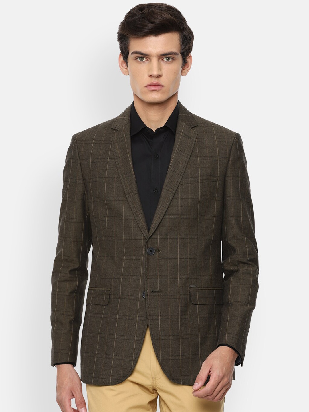 

Van Heusen Sport Men Olive Green Checked Slim-Fit Single Breasted Formal Blazer