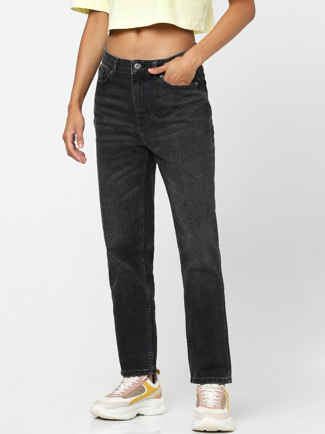 

ONLY Women Black Straight Fit High-Rise Low Distress Jeans