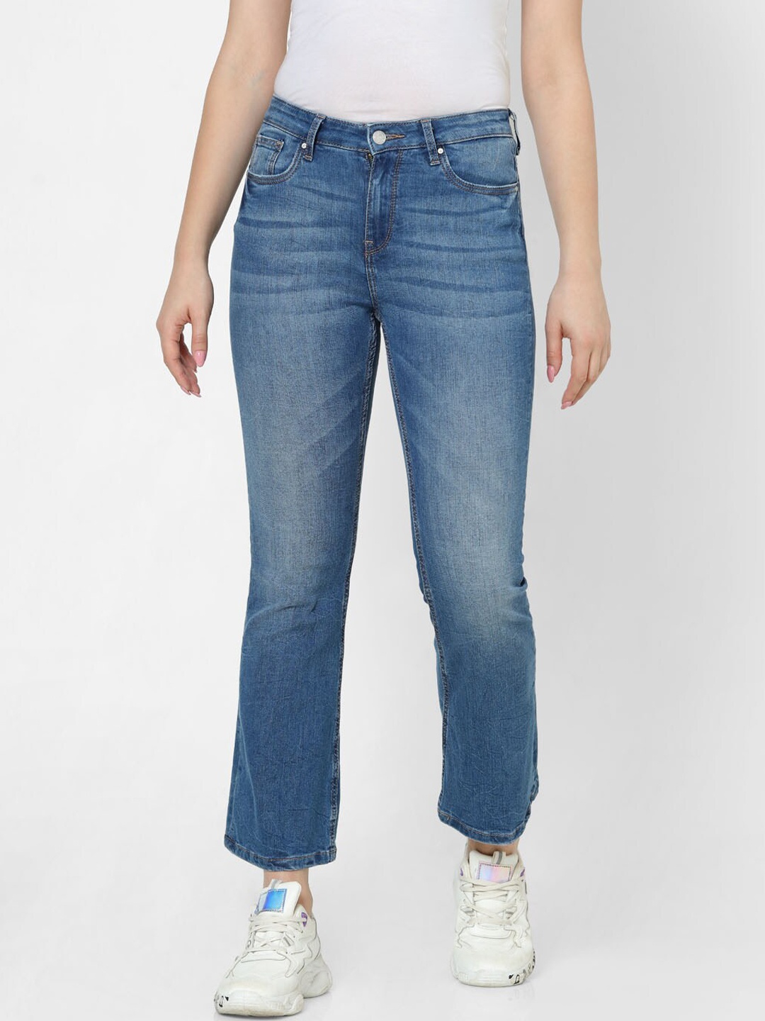 

ONLY Women Blue Flared High-Rise Low Distress Heavy Fade Jeans