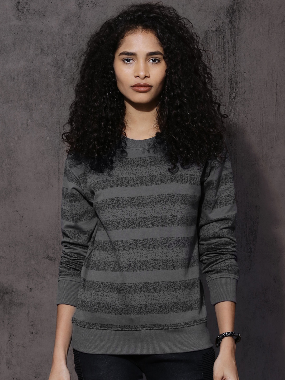 

Roadster Women Grey Striped Sweatshirt