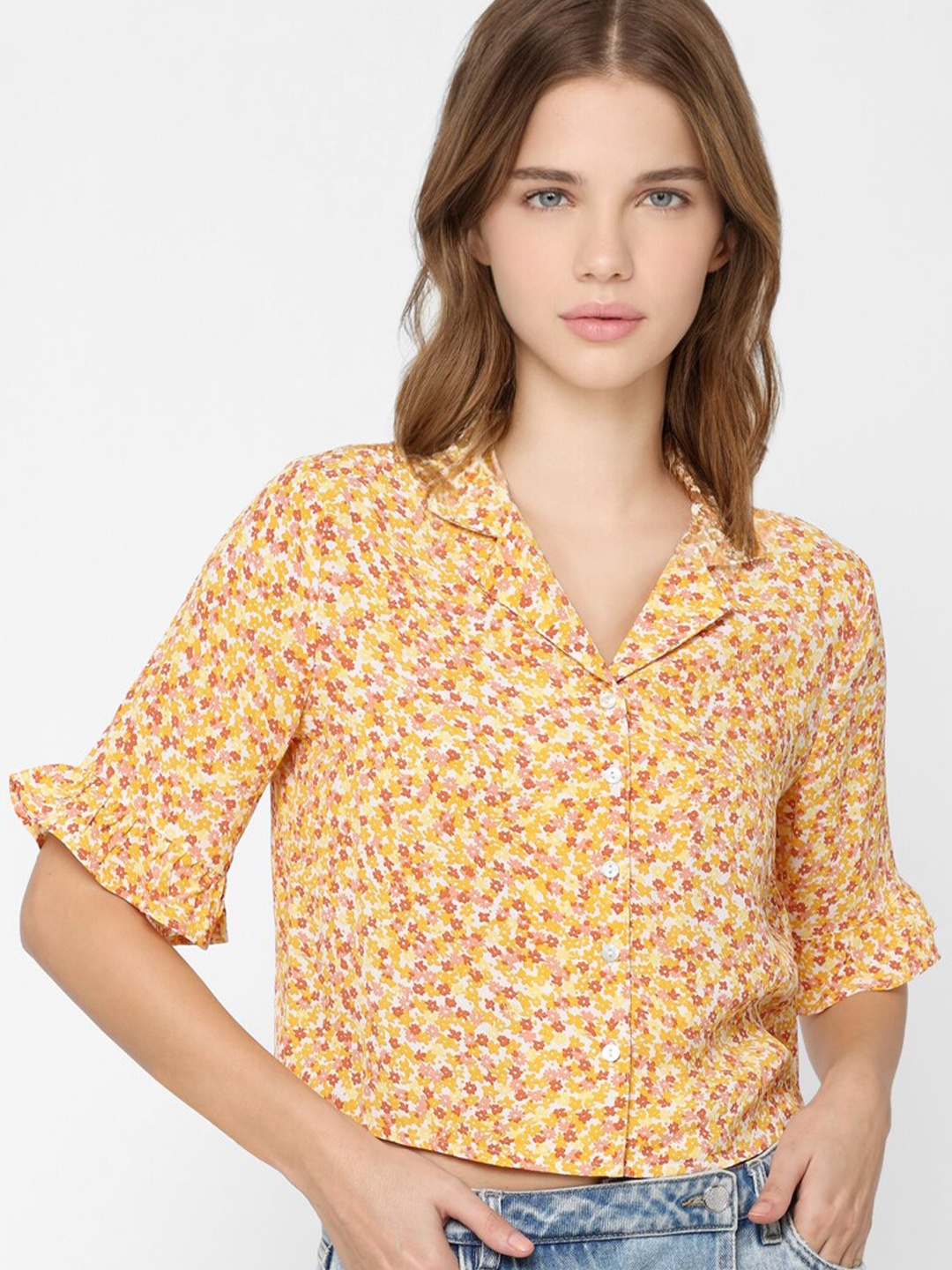 ONLY Yellow Floral Print Shirt Style Crop Top