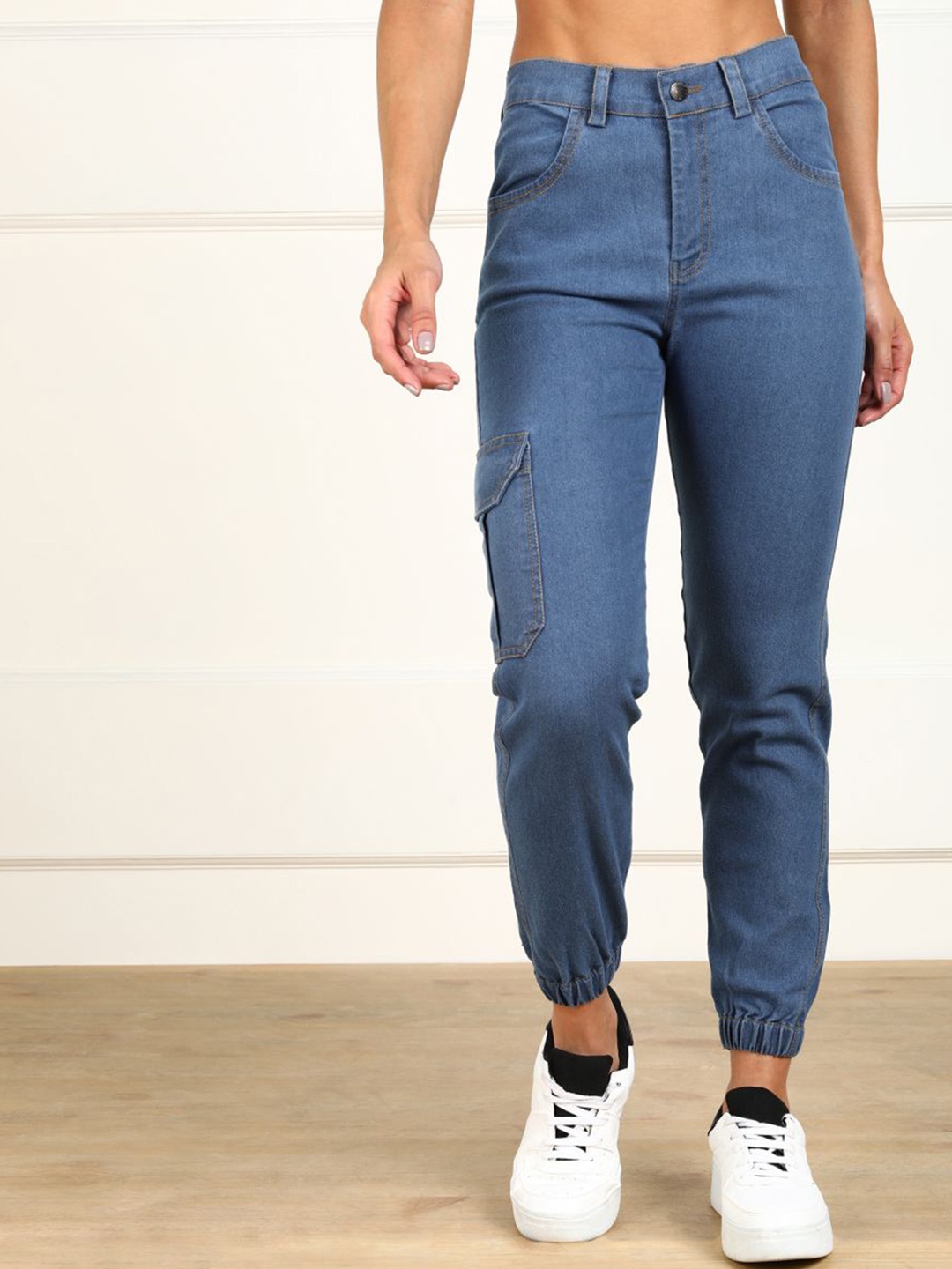 

MONTREZ Women Blue Jogger High-Rise Low Distress Light Fade Jeans