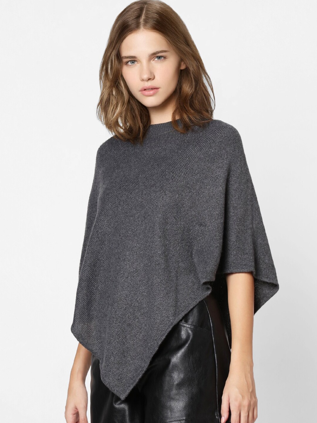 

ONLY Women Grey Solid Polyester Poncho