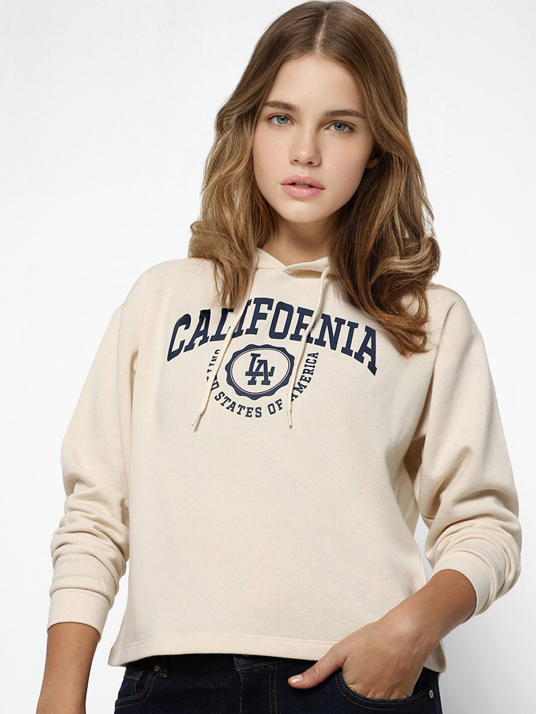 

ONLY Women Beige Printed Hooded Sweatshirt