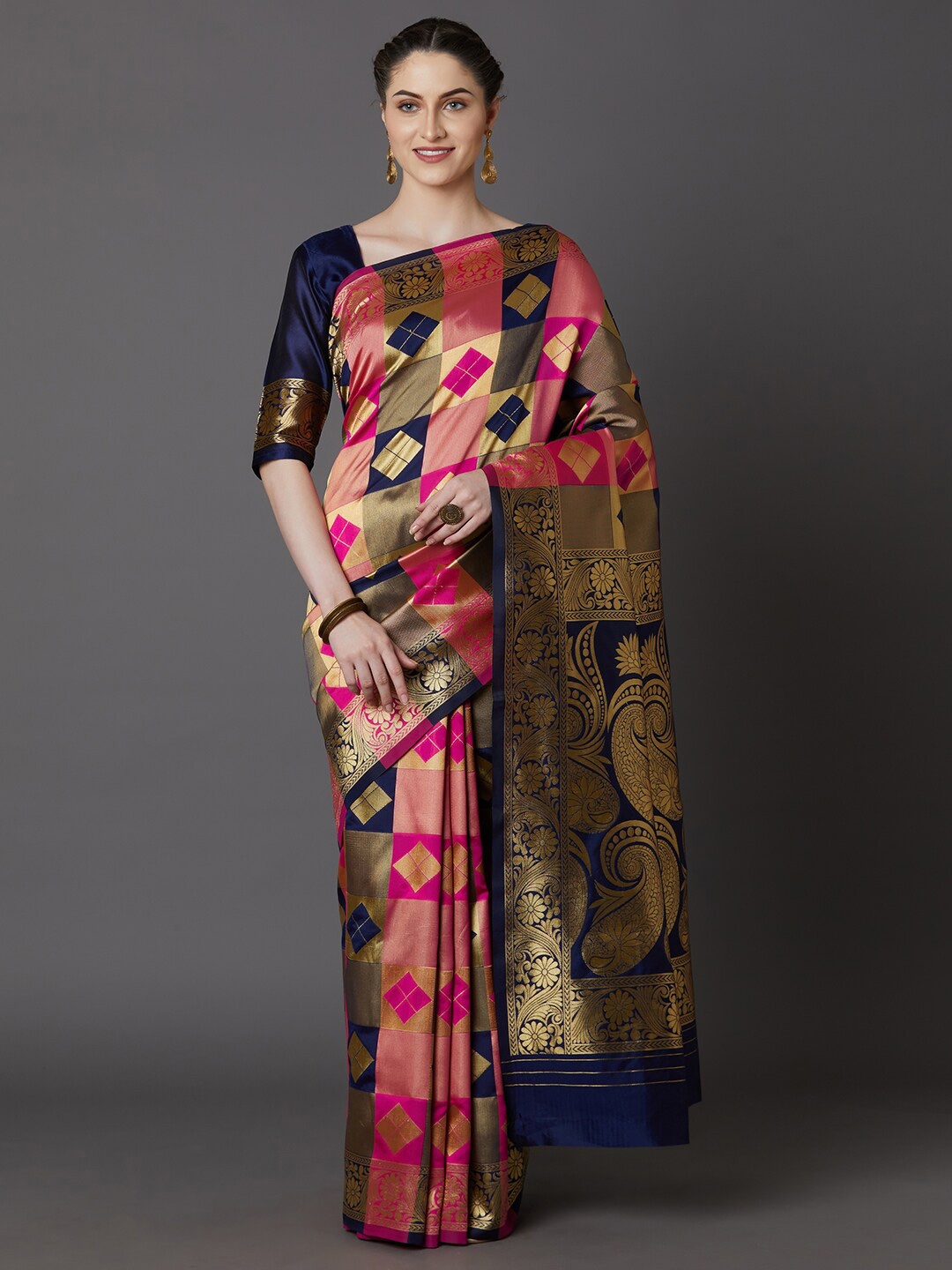 

Mitera Navy Blue & Pink Ethnic Motifs Silk Blend Saree