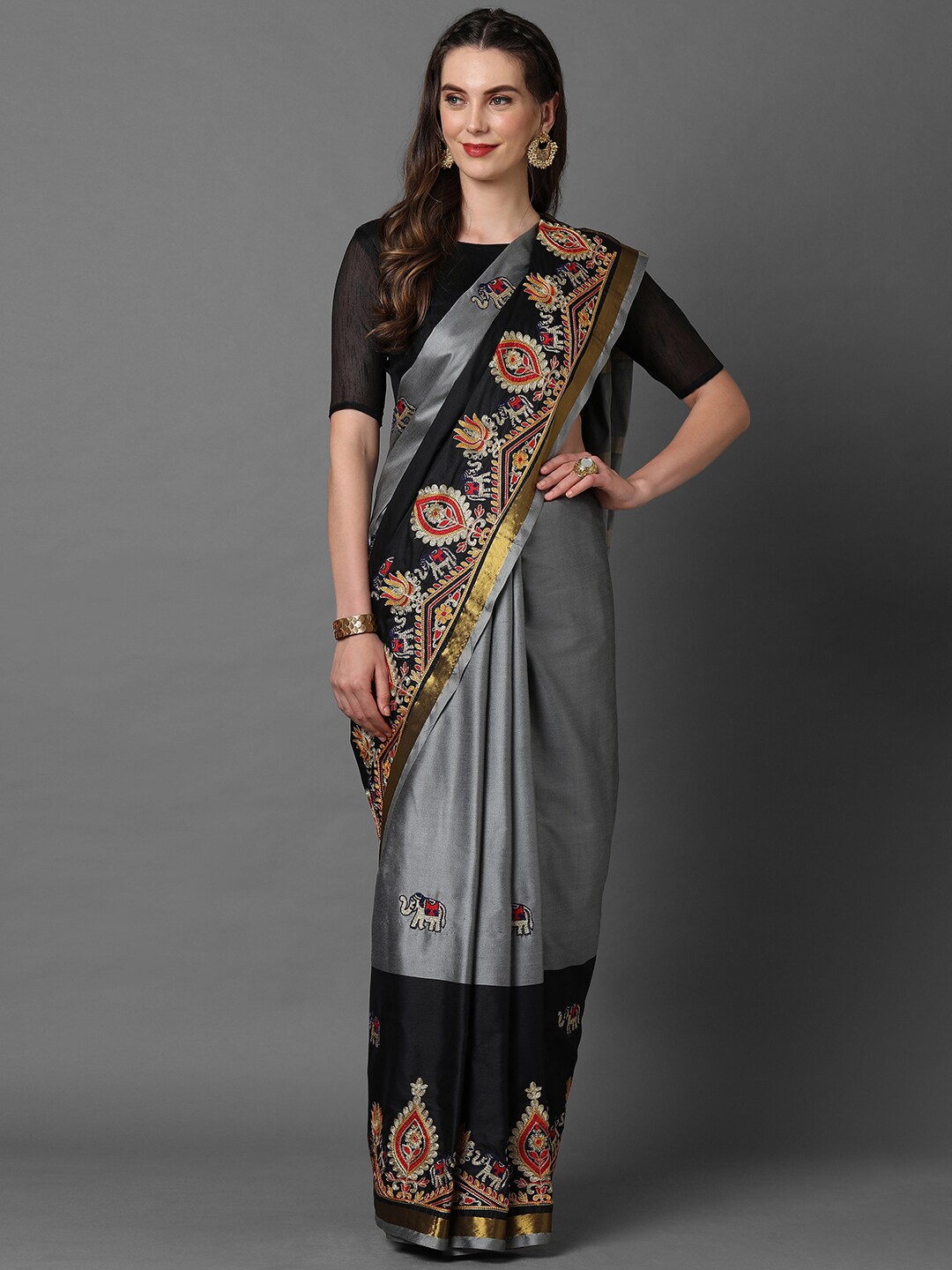 

Mitera Grey & Gold-Toned Ethnic Motifs Art Silk Chanderi Saree