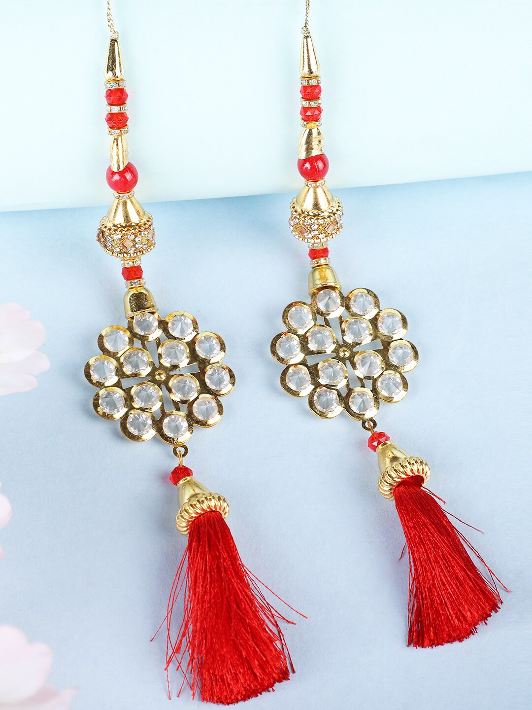 

ANIKAS CREATION Red & Gold-Toned Crystal Tassel Handmade Waist Hanging