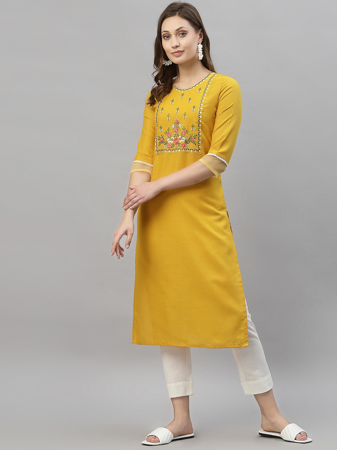 

KALINI Women Yellow Floral Embroidered Thread Work Kurta