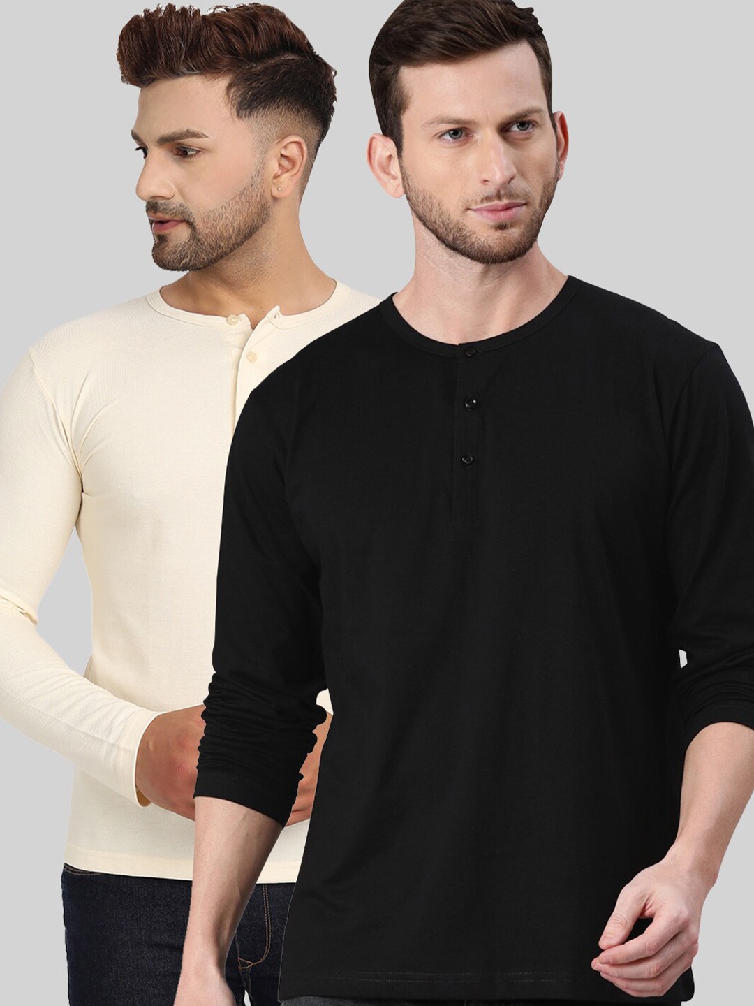 

BE AWARA Men Black & Cream-Coloured Set of 2 Henley Neck T-shirt