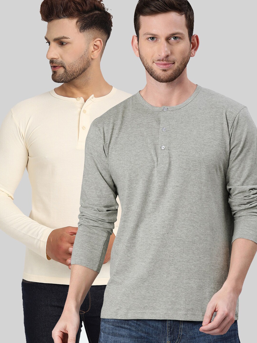 

BE AWARA Men Pack of 2 Grey & Cream-Coloured Henley Neck Cotton T-shirts