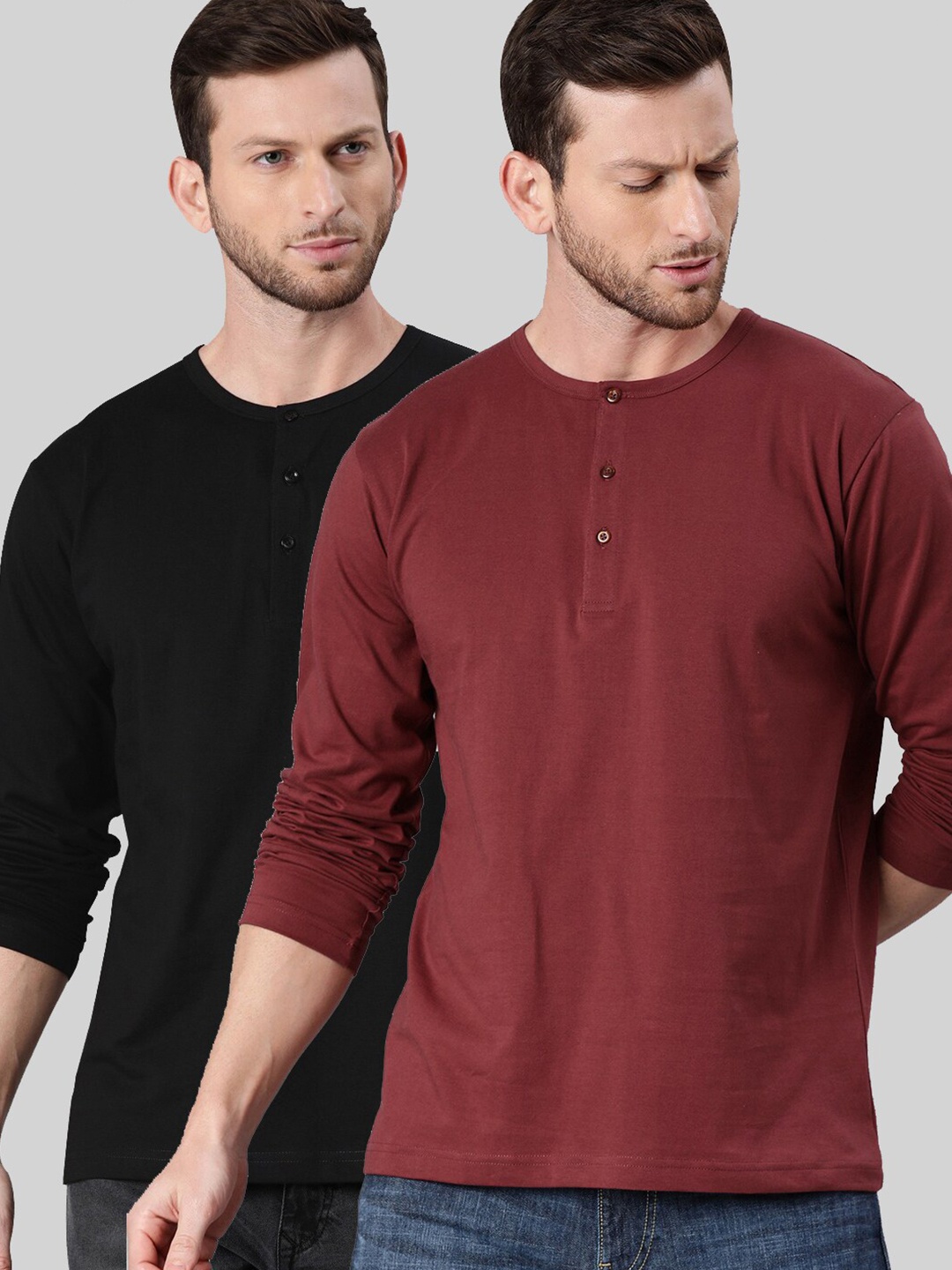 

BE AWARA Men Pack of 2 Black & Brown Solid Henley Neck T-shirts