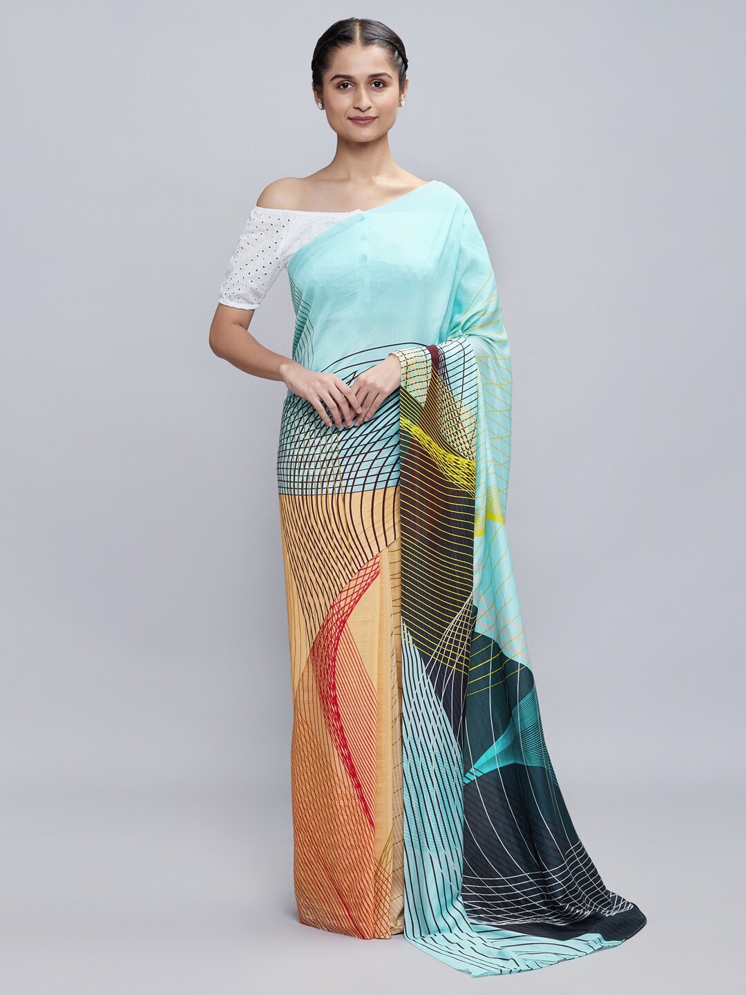 

navyasa by liva Yellow & Blue Organza Printed Saree